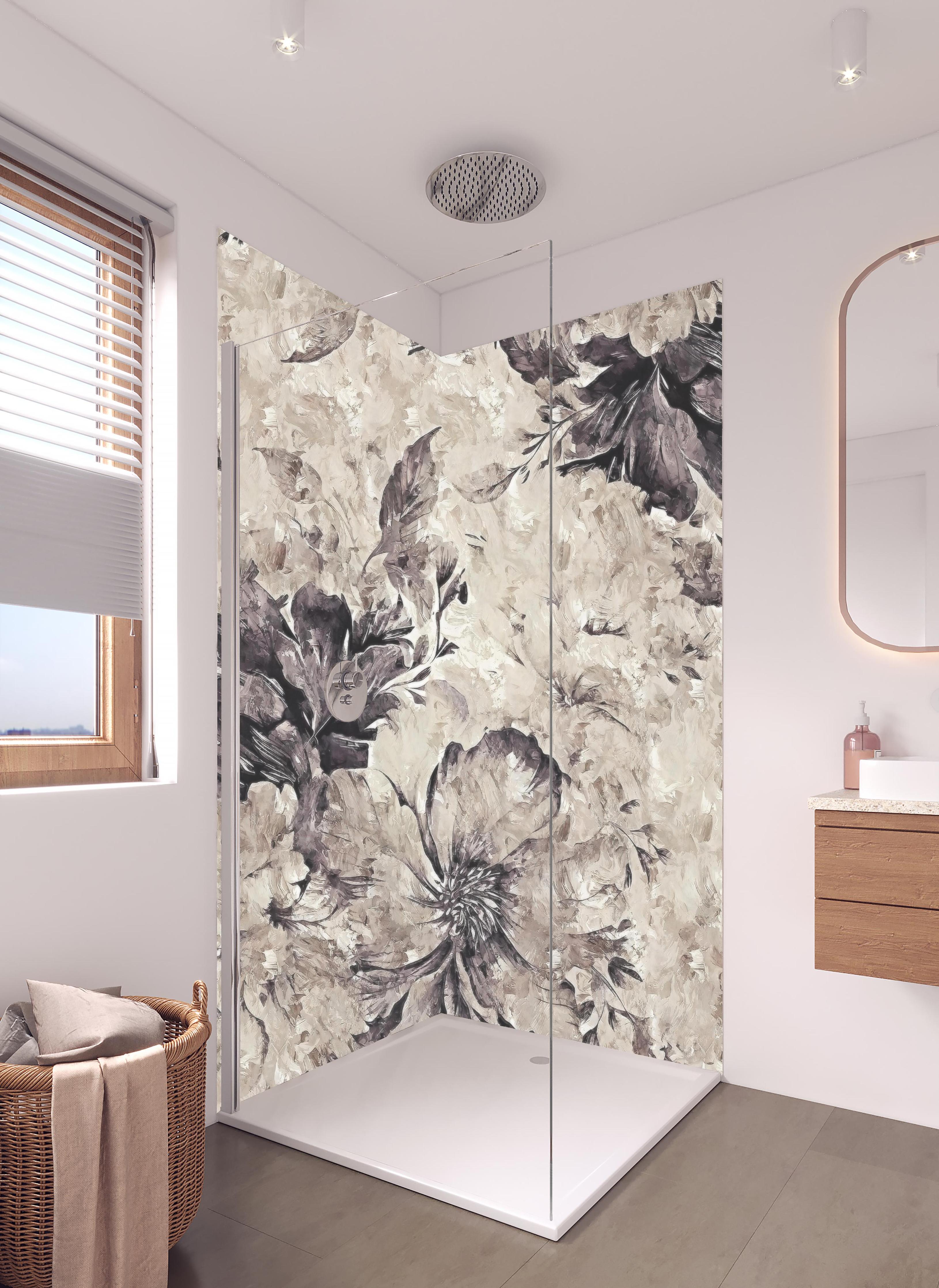 Duschrückwand - Schwarz, weißes Pflanzen Gemälde 2 in hellem Badezimmer mit Regenduschkopf - zweiteilige Eck-Duschrückwand