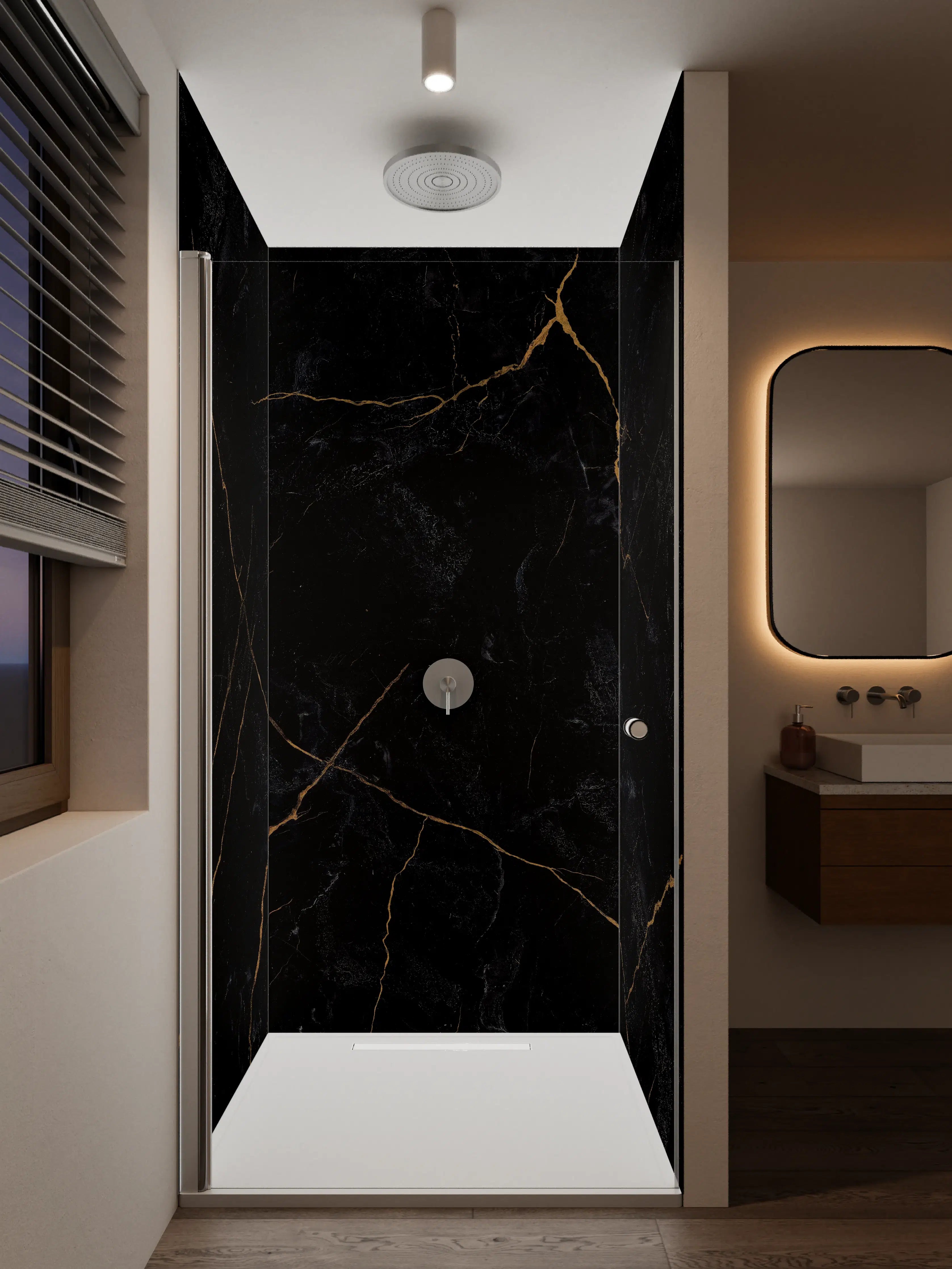 Duschrückwand - Schwarze Marmor-Textur mit goldenen Adern