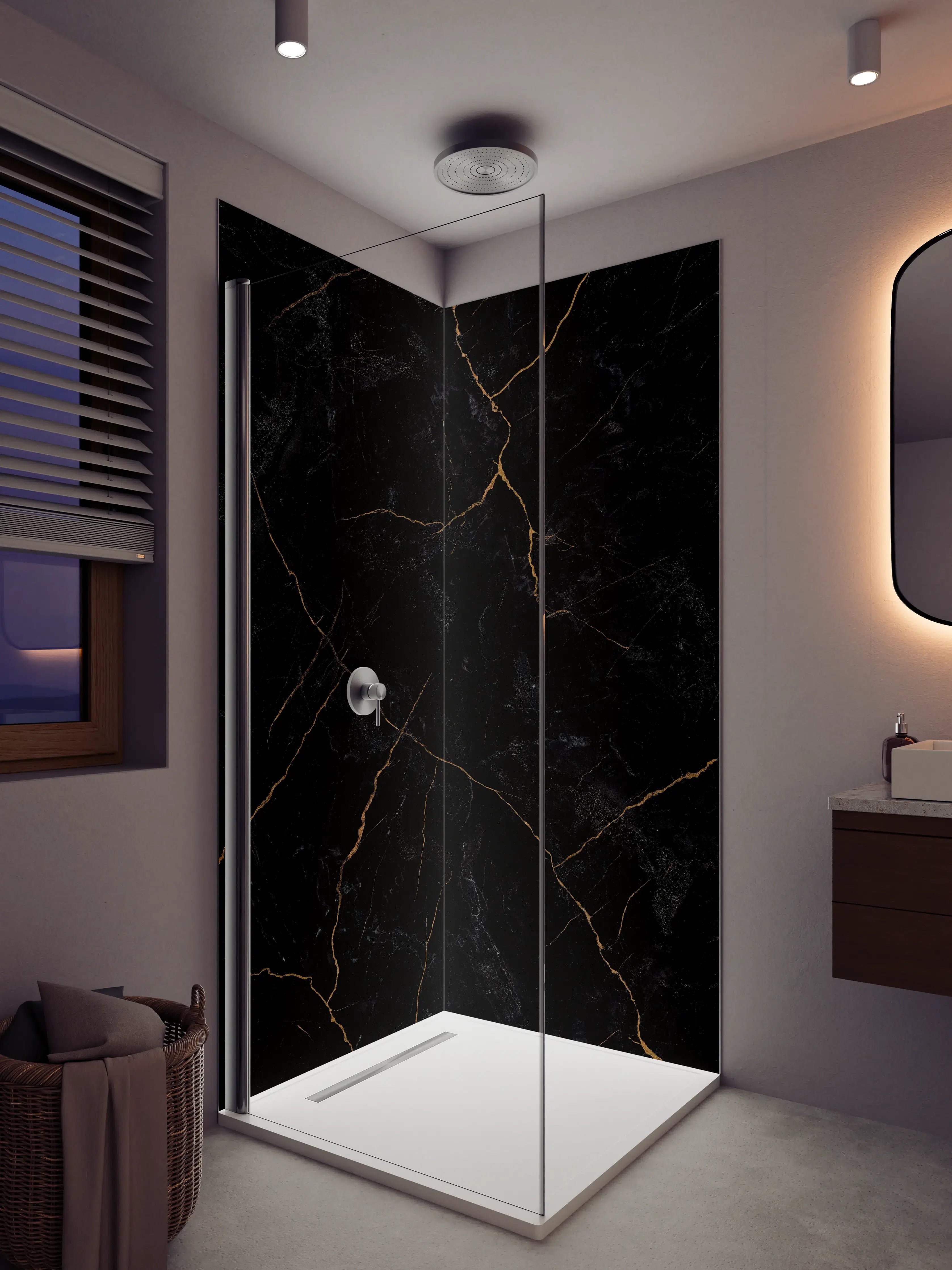 Duschrückwand - Schwarze Marmor-Textur mit goldenen Adern
