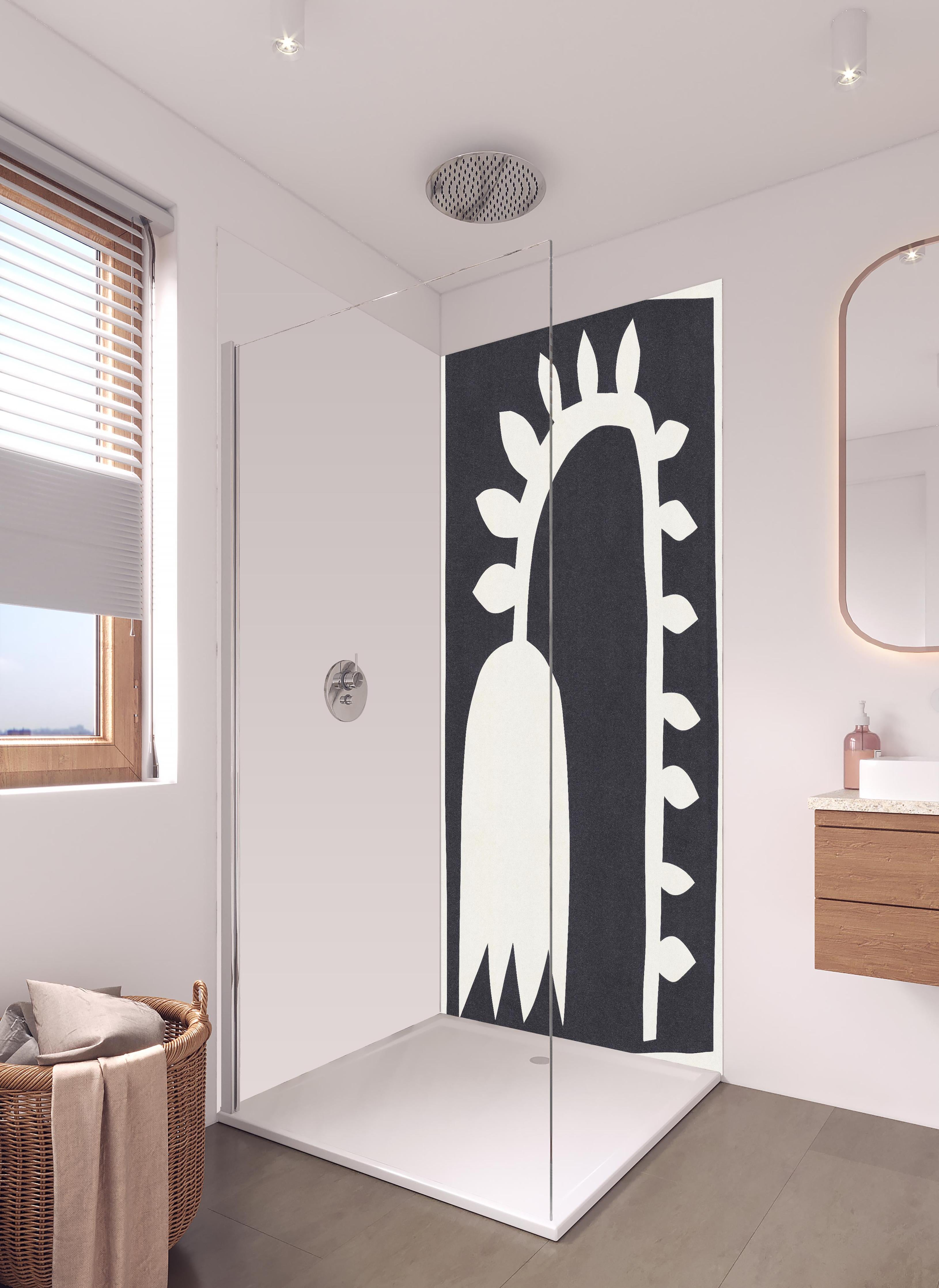 Duschrückwand - Schwarze Tulpe - Gemälde in hellem Badezimmer mit Regenduschkopf - zweiteilige Eck-Duschrückwand