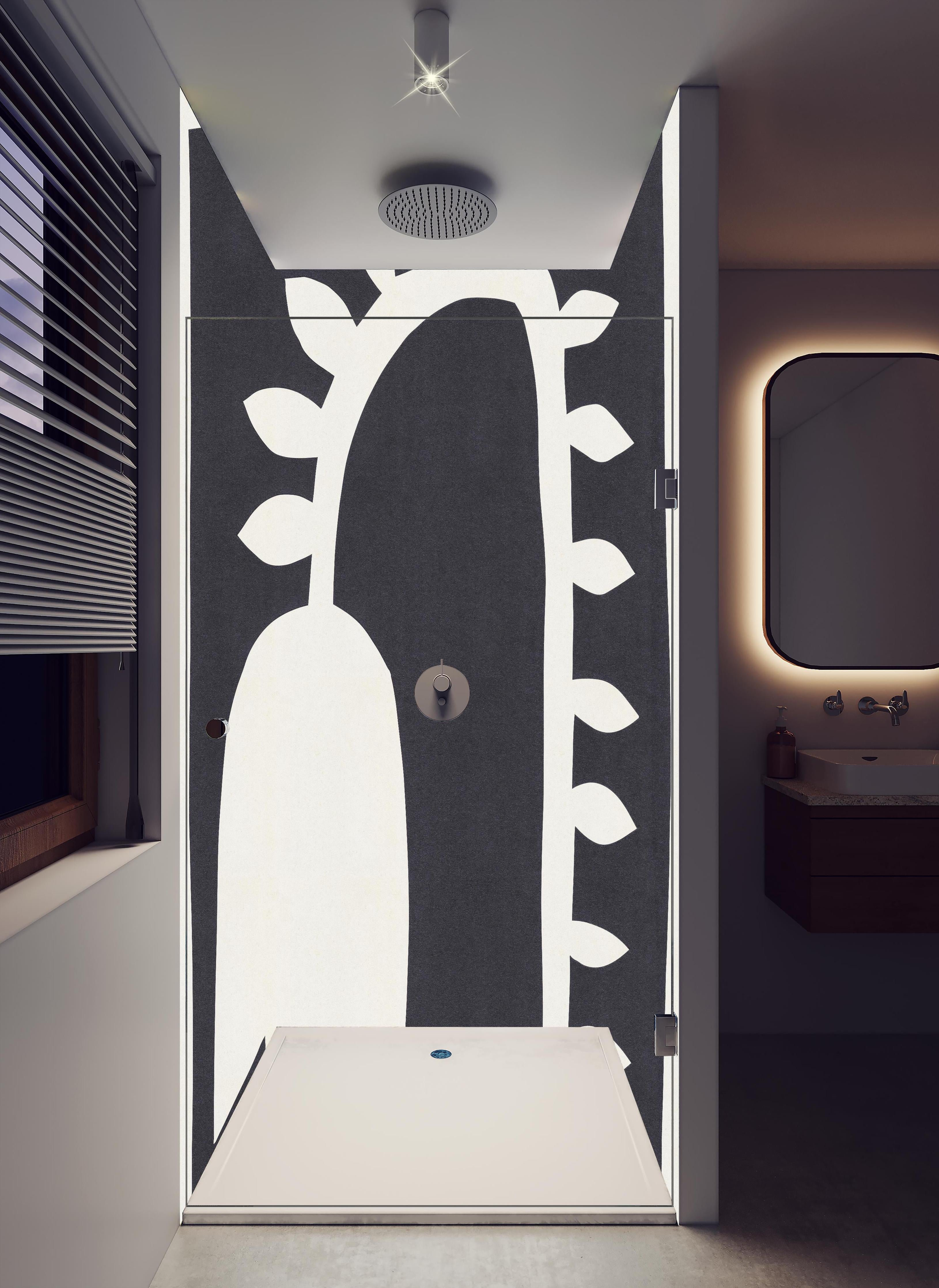 Duschrückwand - Schwarze Tulpe - Gemälde in hellem Badezimmer mit Regenduschkopf - zweiteilige Eck-Duschrückwand