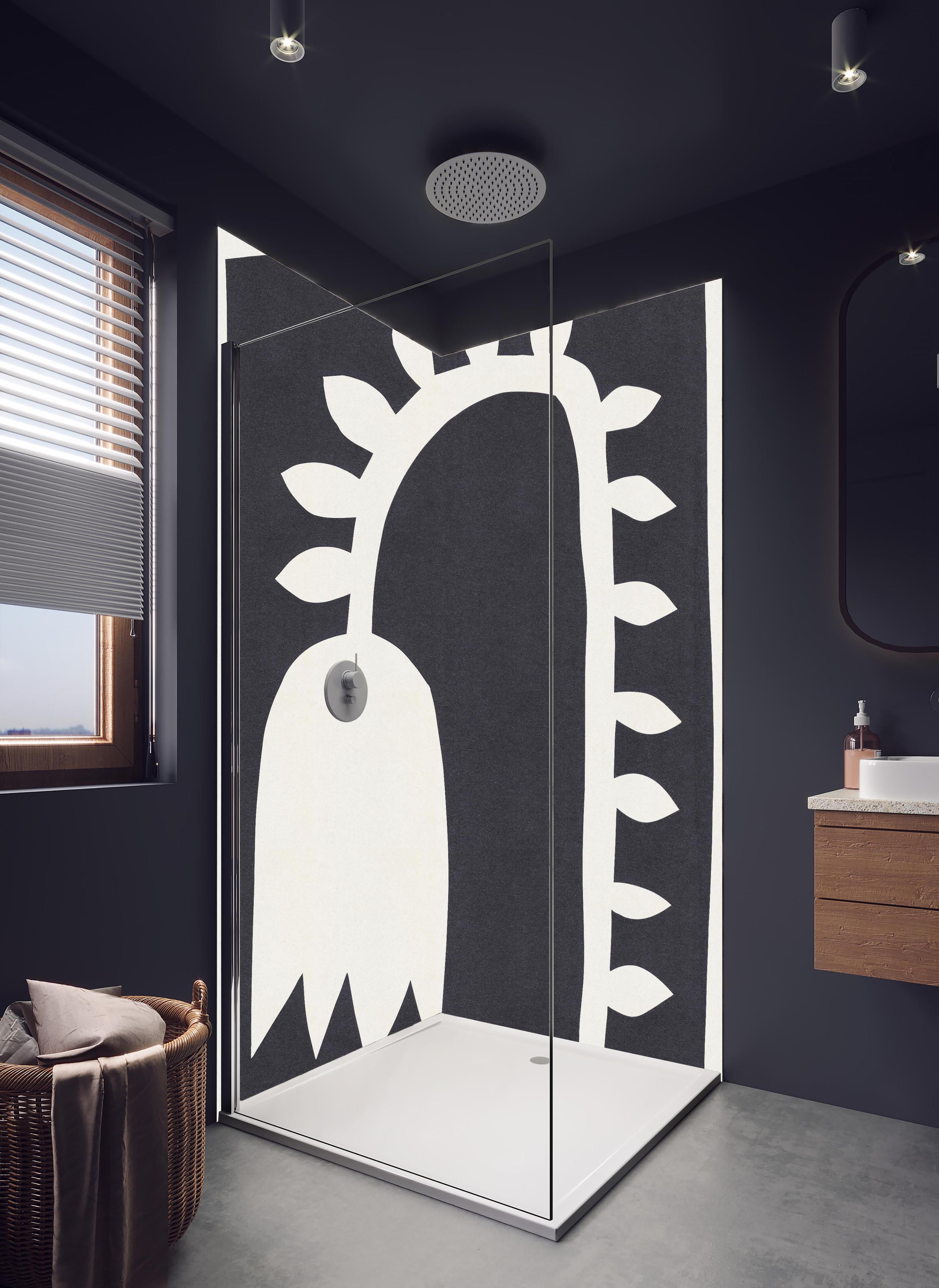 Duschrückwand - Schwarze Tulpe - Gemälde in hellem Badezimmer mit Regenduschkopf - zweiteilige Eck-Duschrückwand