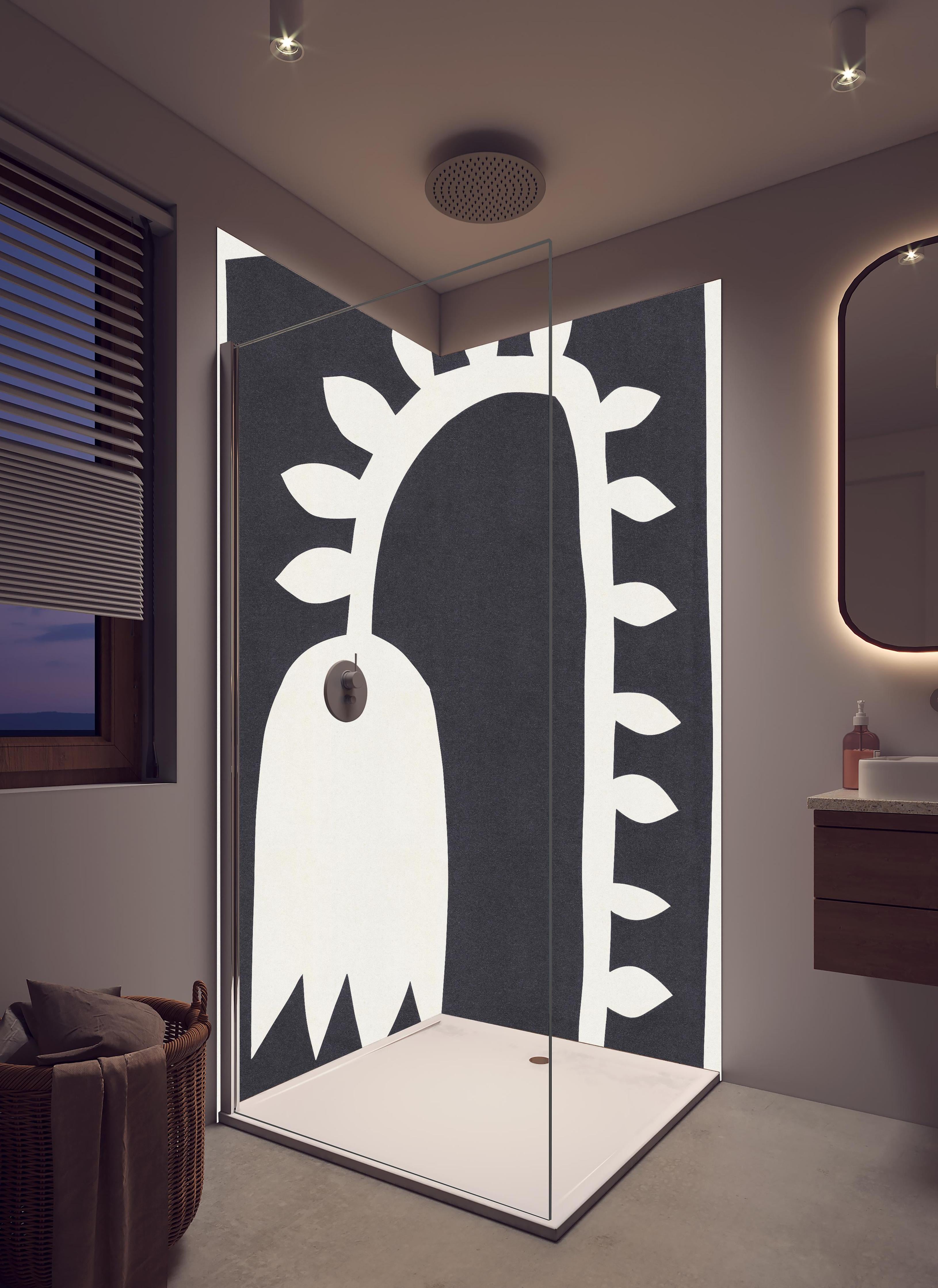 Duschrückwand - Schwarze Tulpe - Gemälde in hellem Badezimmer mit Regenduschkopf - zweiteilige Eck-Duschrückwand