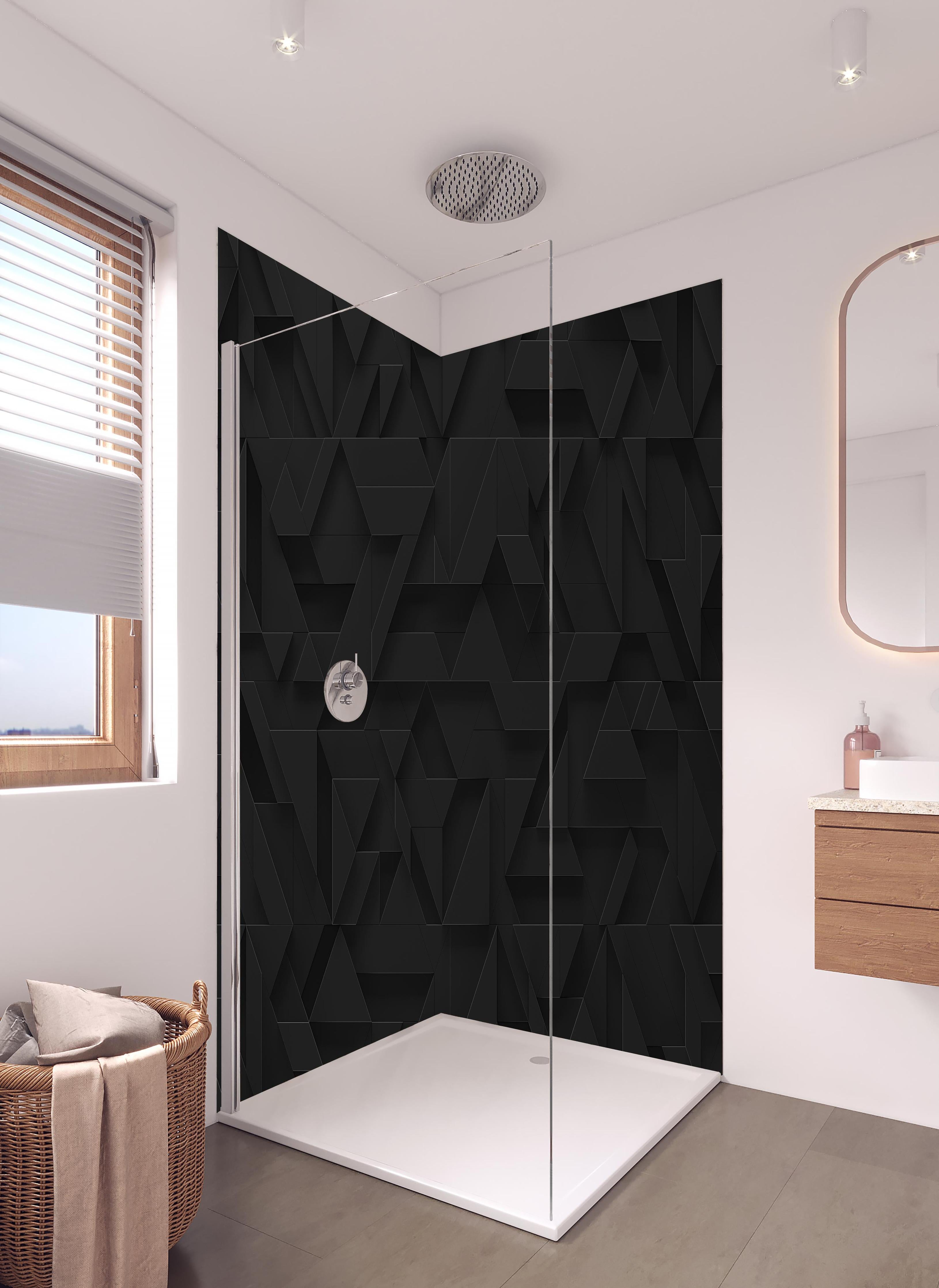 Duschrückwand - Schwarze futuristische Wand - 3D in hellem Badezimmer mit Regenduschkopf - zweiteilige Eck-Duschrückwand