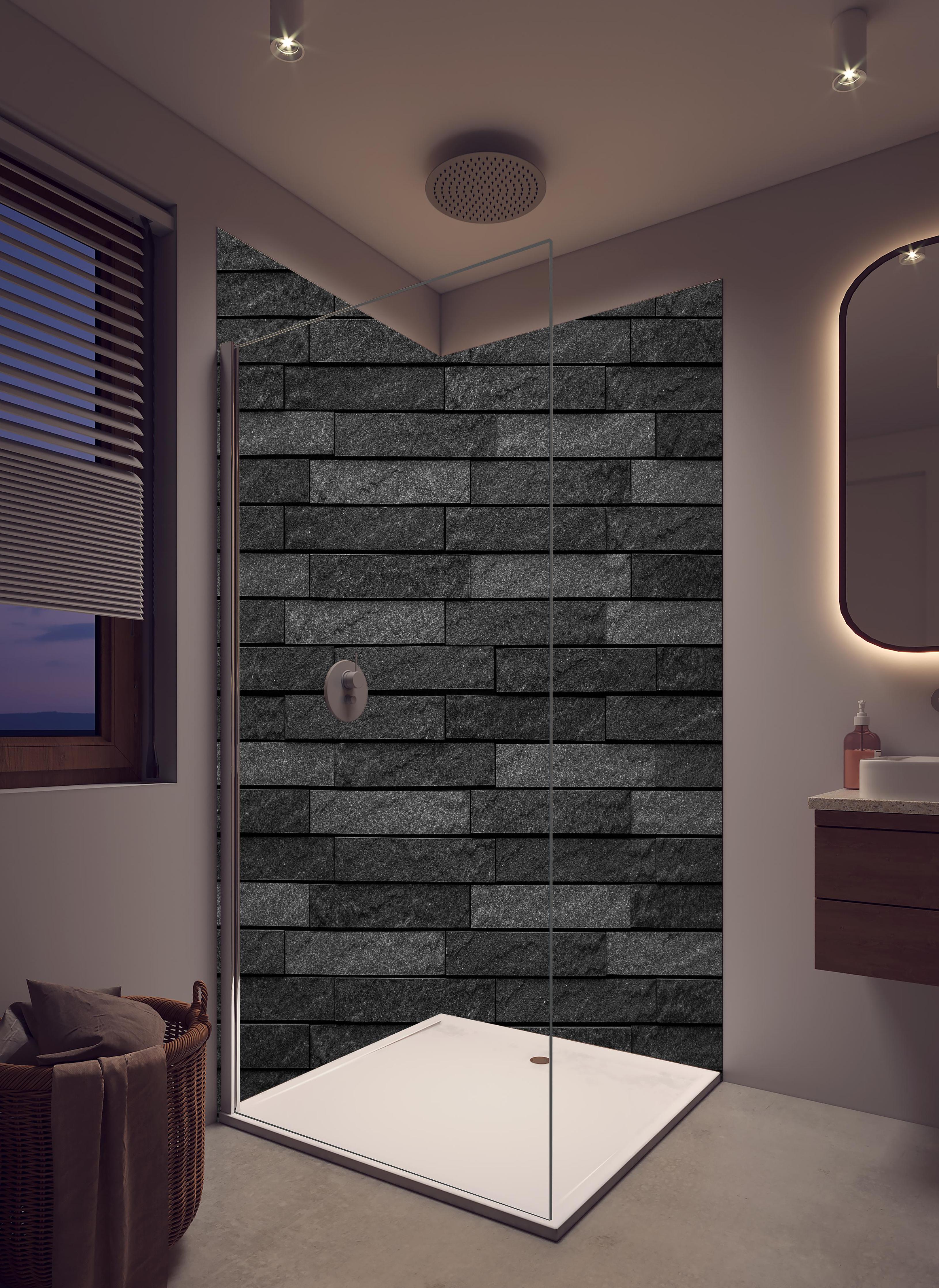 Duschrückwand - Schwarze stilvolle Backsteinmauer in hellem Badezimmer mit Regenduschkopf - zweiteilige Eck-Duschrückwand