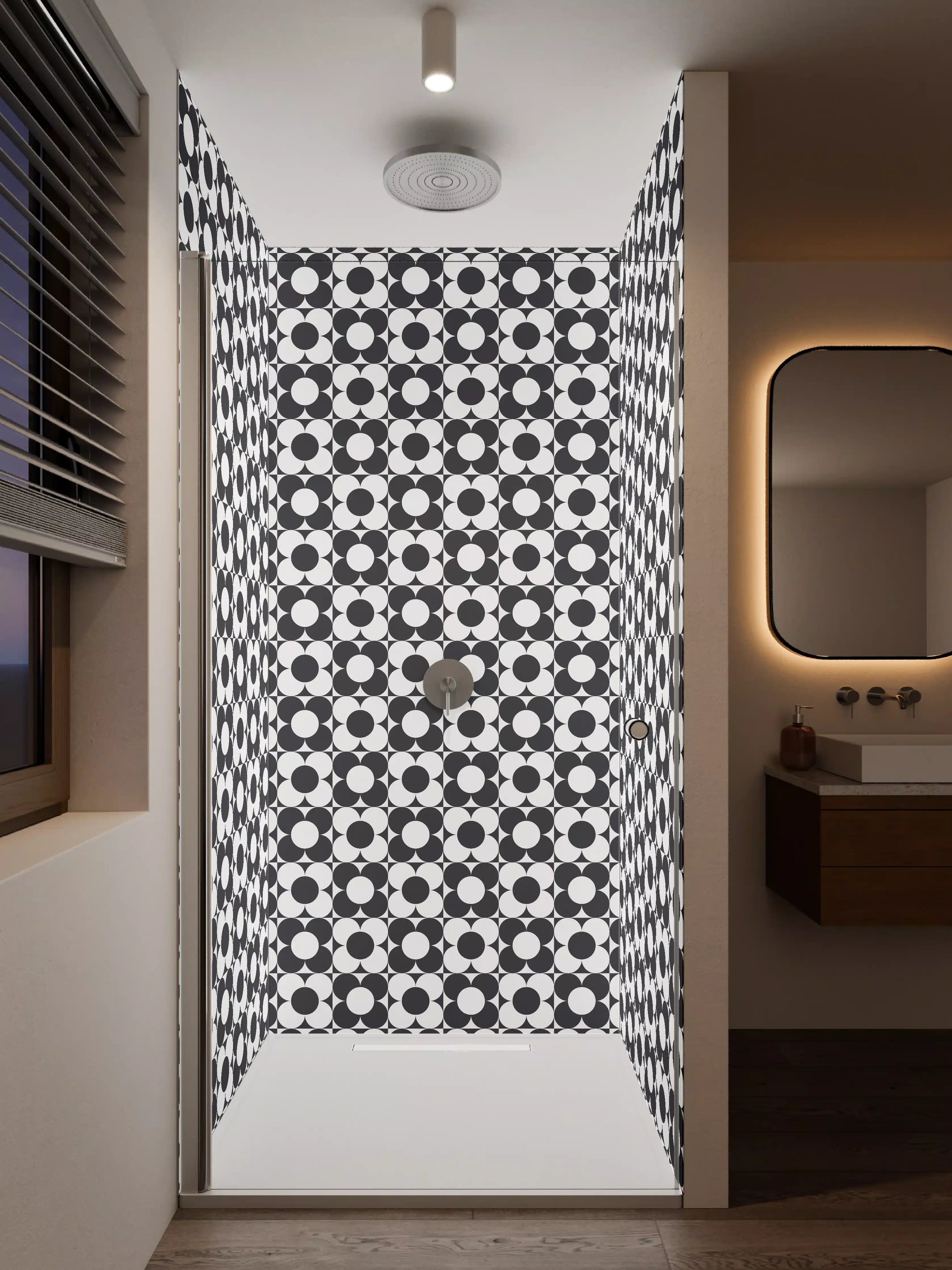 Duschrückwand - Schwarze und Weiße geometrische Blümchenmuster