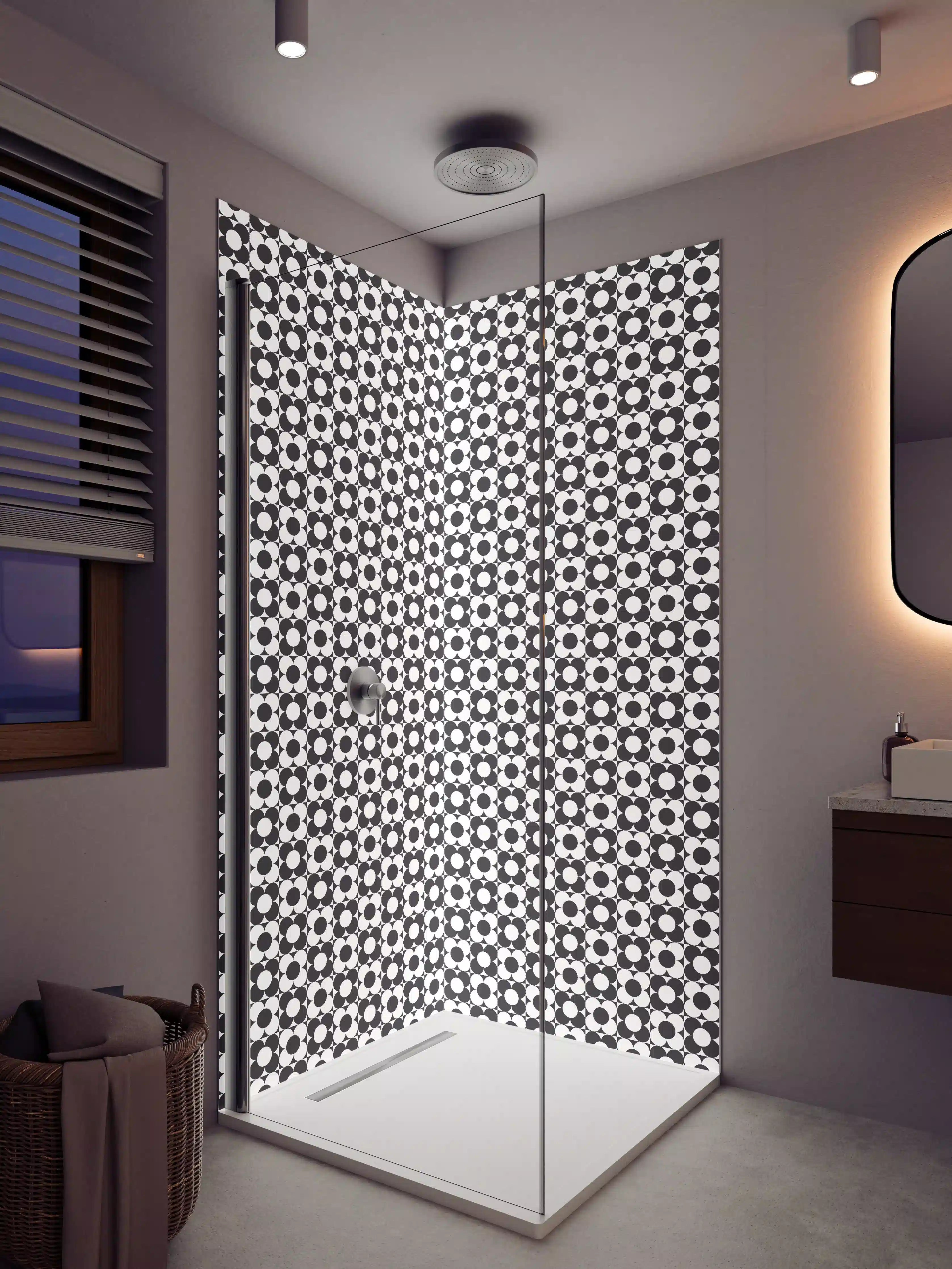 Duschrückwand - Schwarze und Weiße geometrische Blümchenmuster