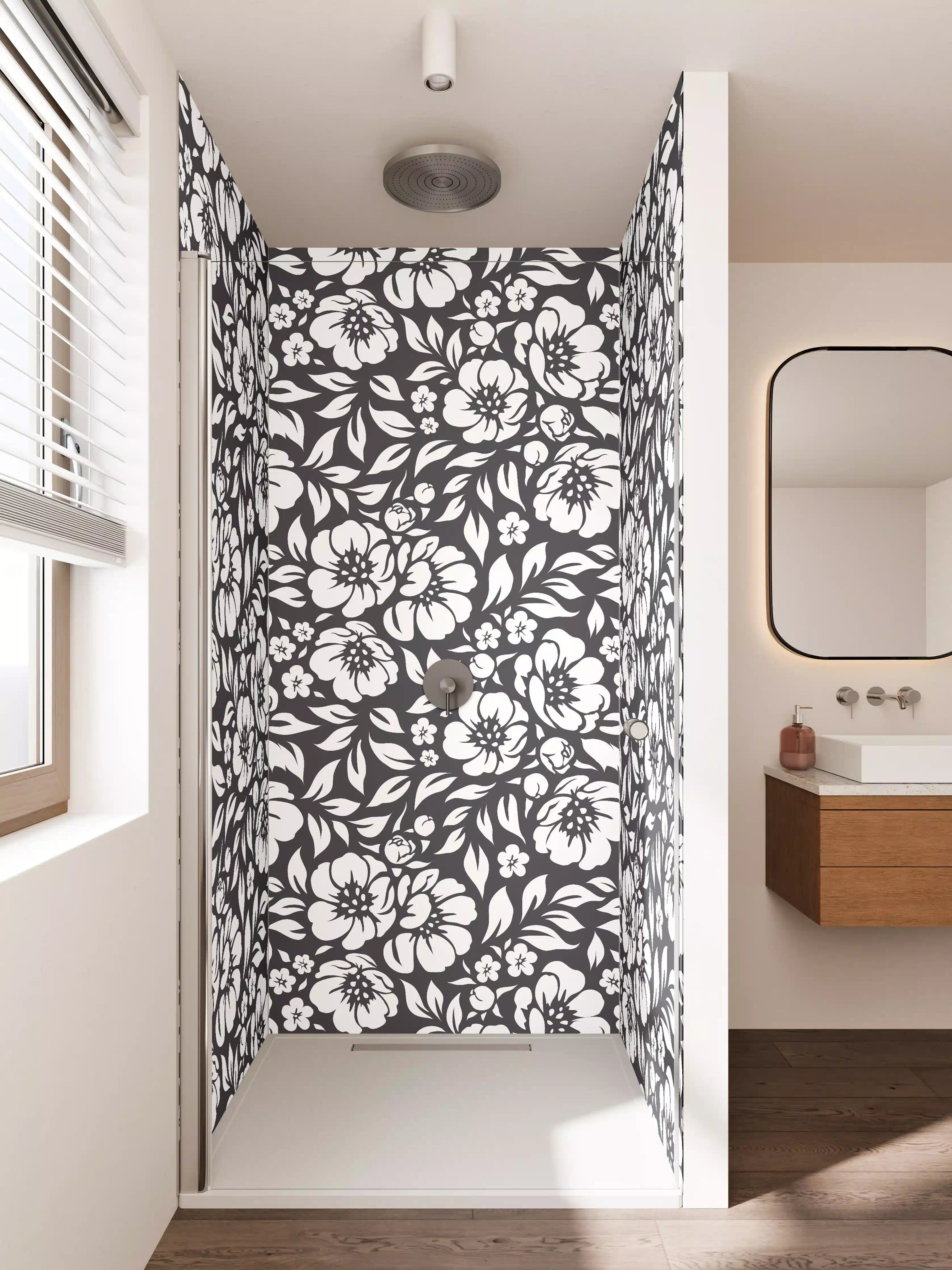 Duschrückwand - Schwarze und weiße Blumenmuster-Textur