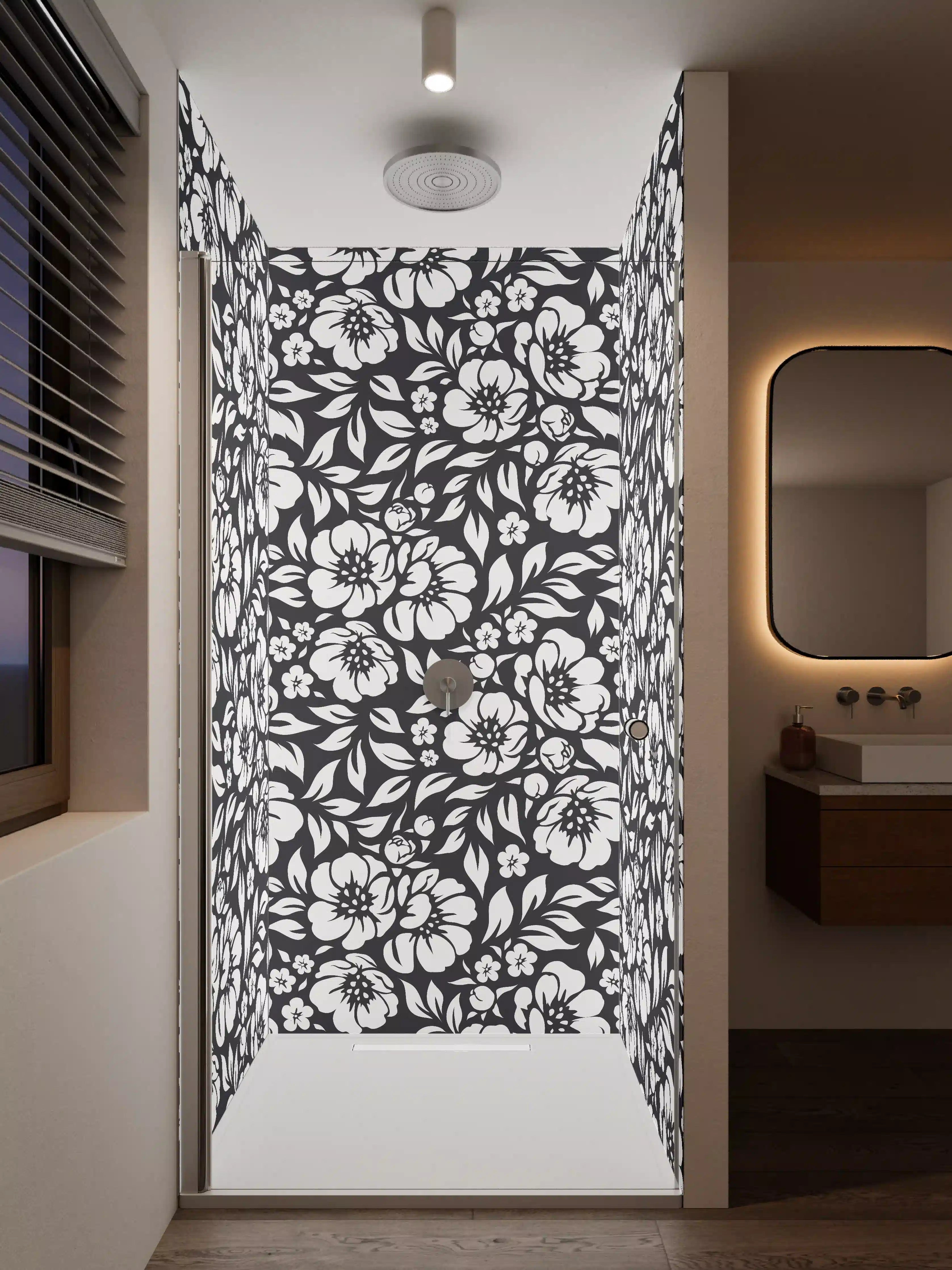 Duschrückwand - Schwarze und weiße Blumenmuster-Textur