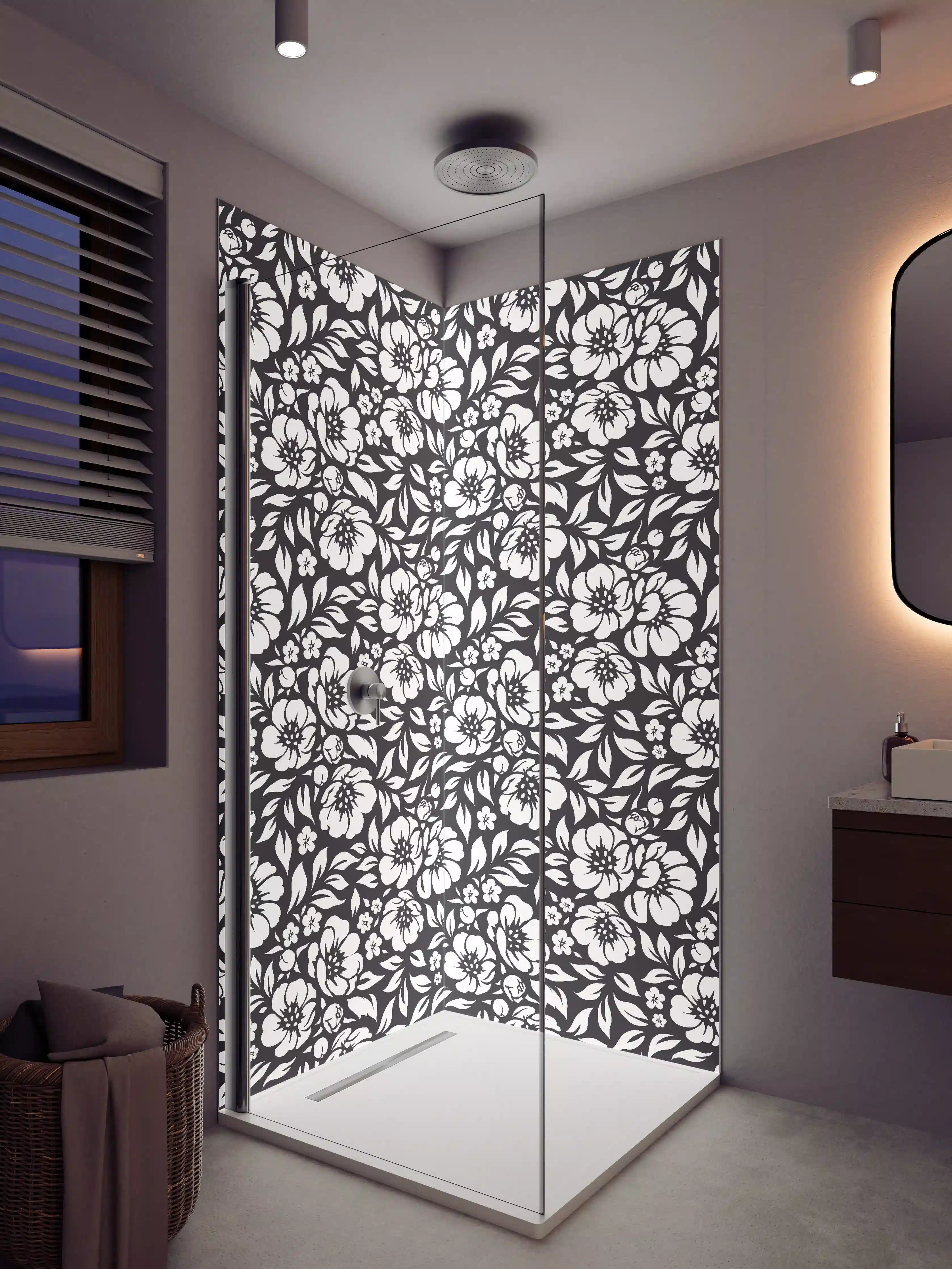 Duschrückwand - Schwarze und weiße Blumenmuster-Textur
