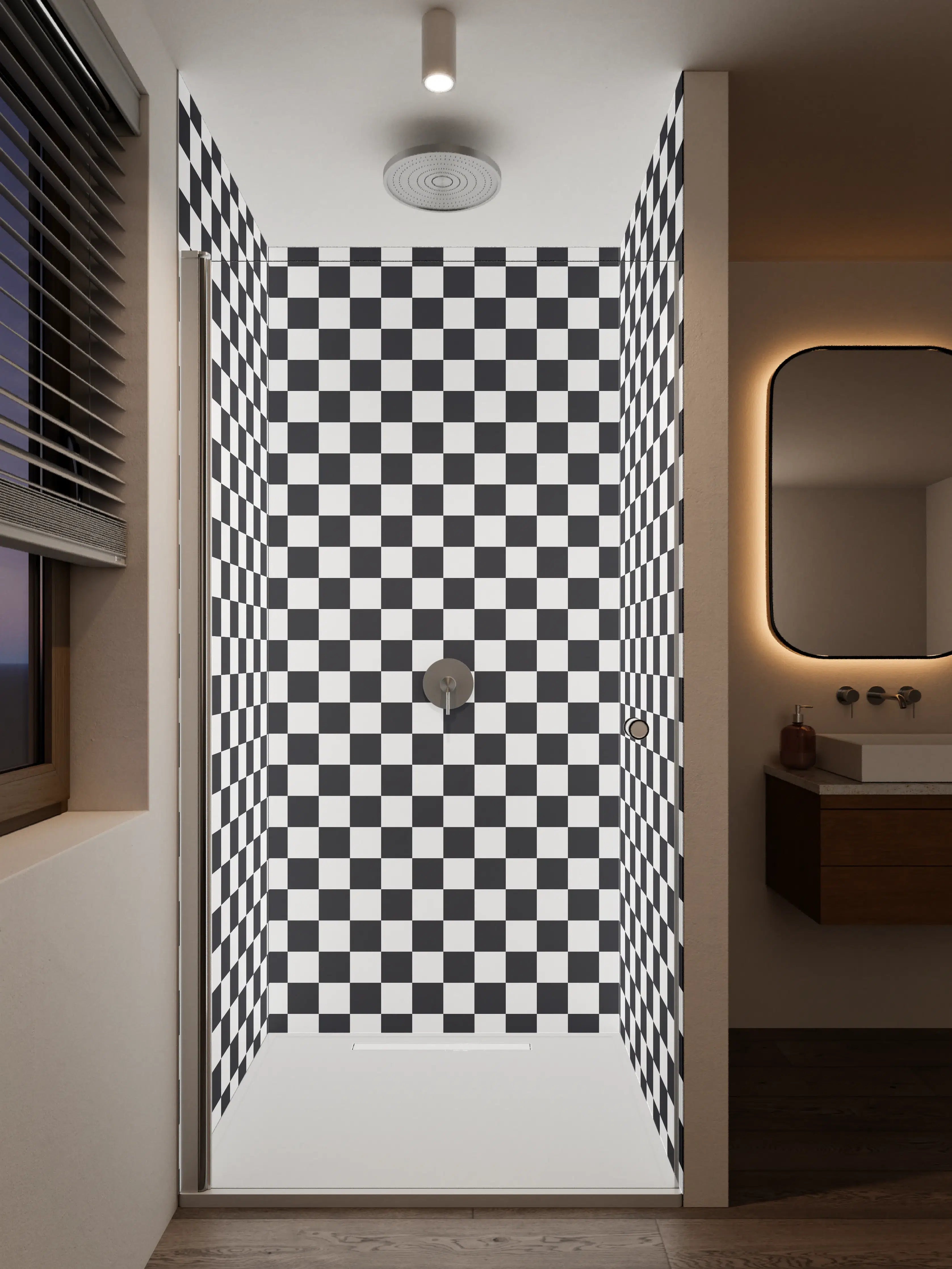 Duschrückwand - Schwarze und weiße Karos Muster