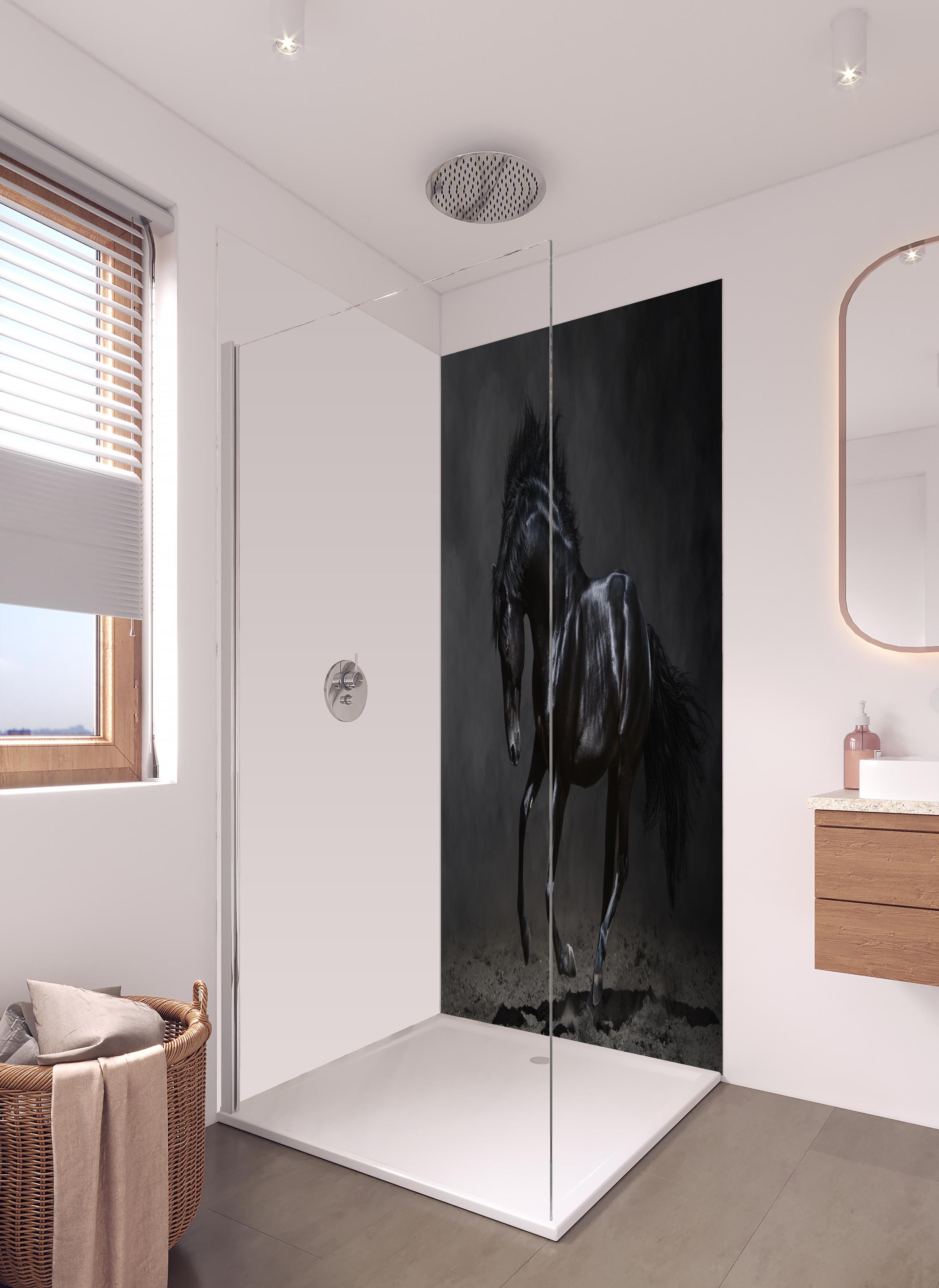 Duschrückwand - Schwarzer Hengst auf dunklem Hintergrund in hellem Badezimmer mit Regenduschkopf - zweiteilige Eck-Duschrückwand