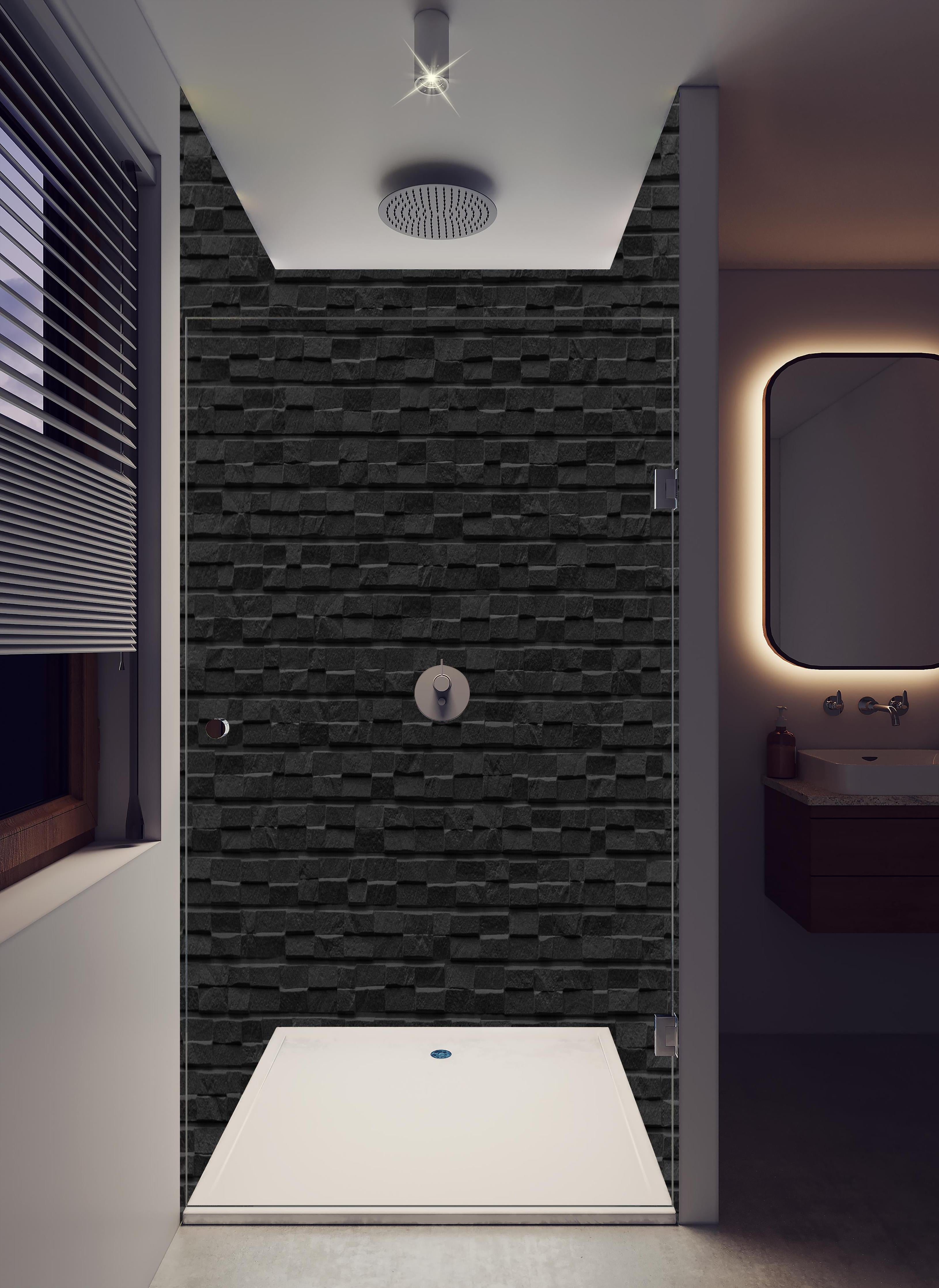 Duschrückwand - Schwarzer Stein Ziegel Textur und Hintergrund in hellem Badezimmer mit Regenduschkopf - zweiteilige Eck-Duschrückwand