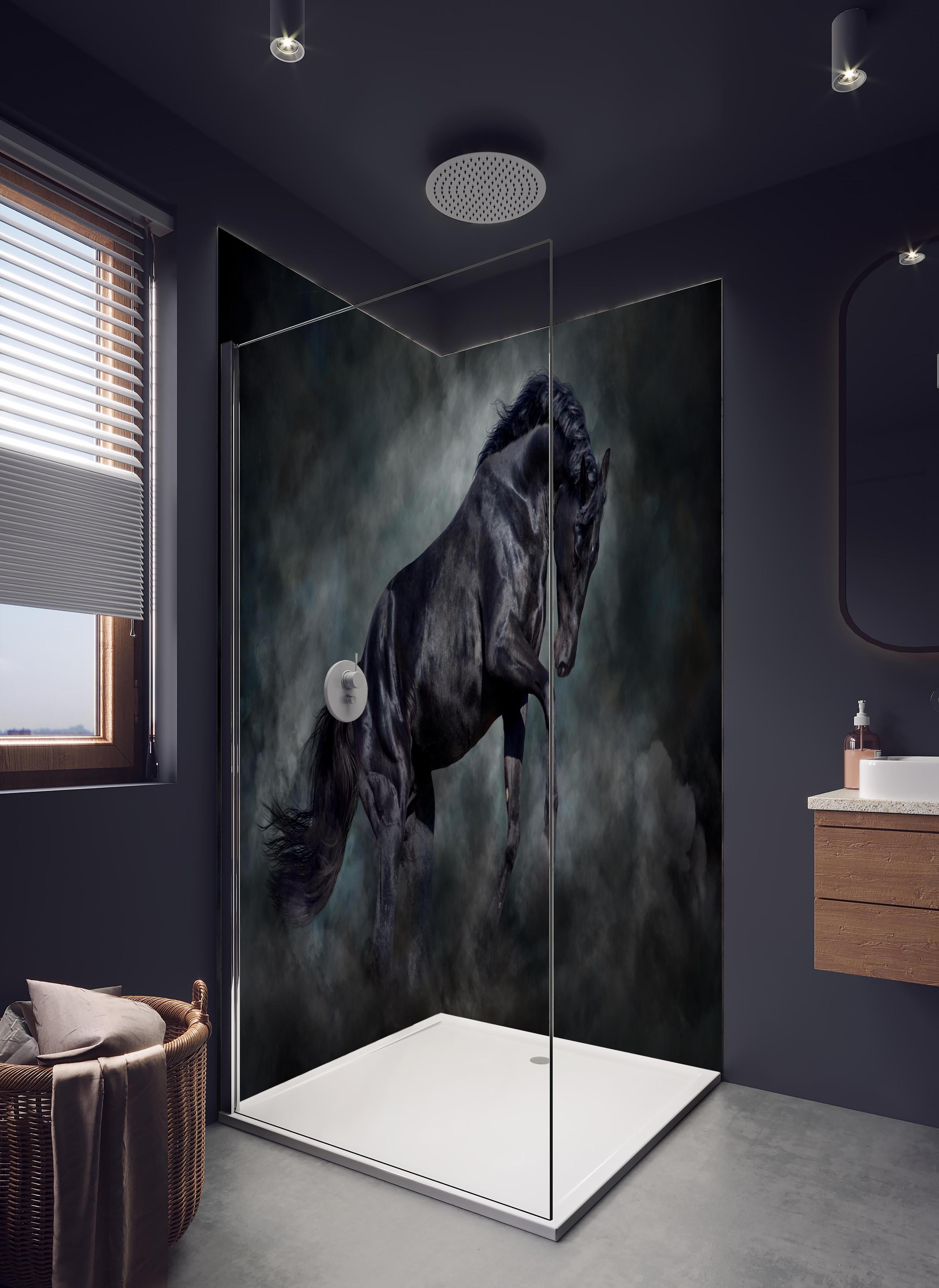 Duschrückwand - Schwarzer hengst in hellem Badezimmer mit Regenduschkopf - zweiteilige Eck-Duschrückwand