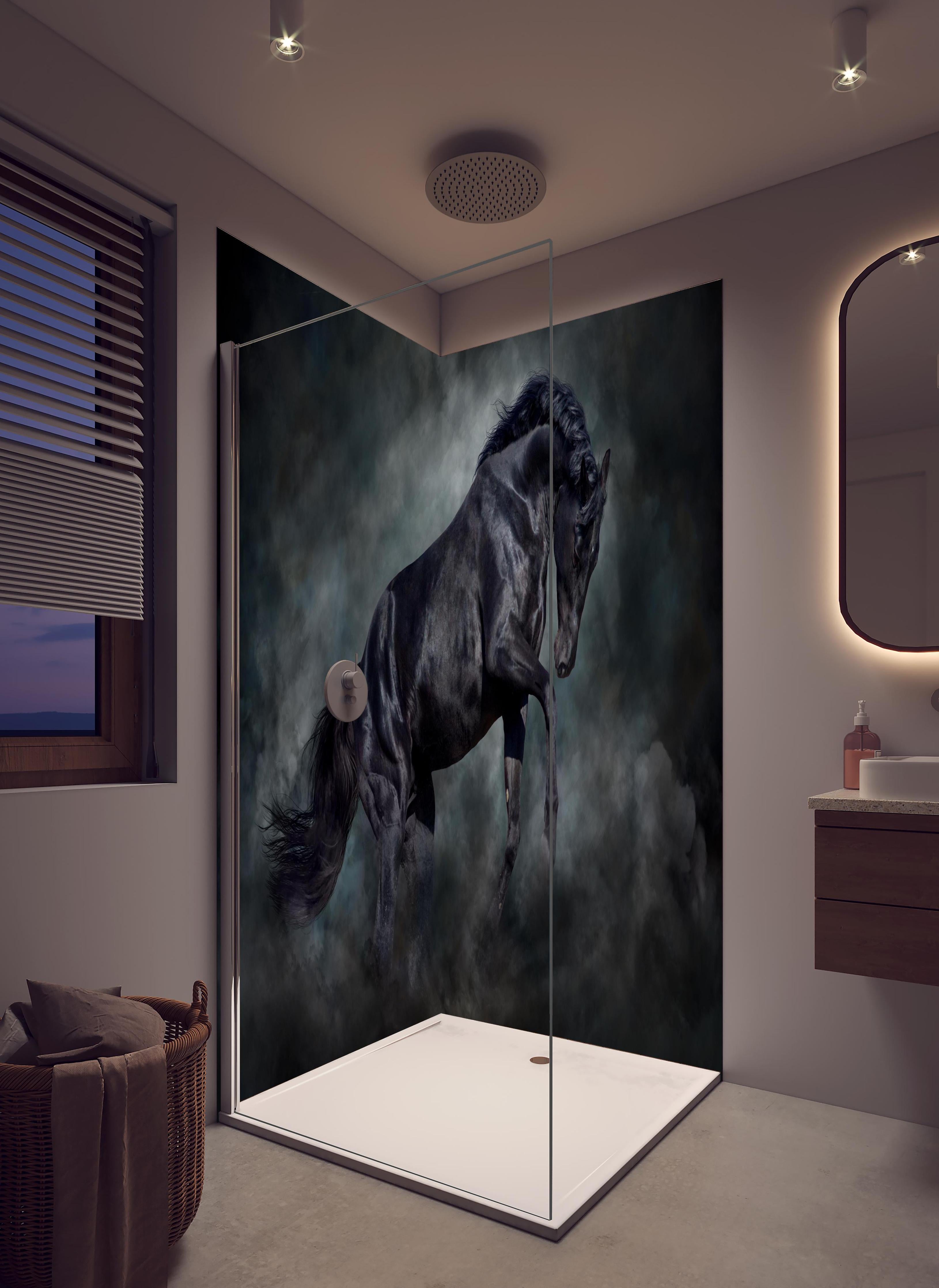 Duschrückwand - Schwarzer hengst in hellem Badezimmer mit Regenduschkopf - zweiteilige Eck-Duschrückwand