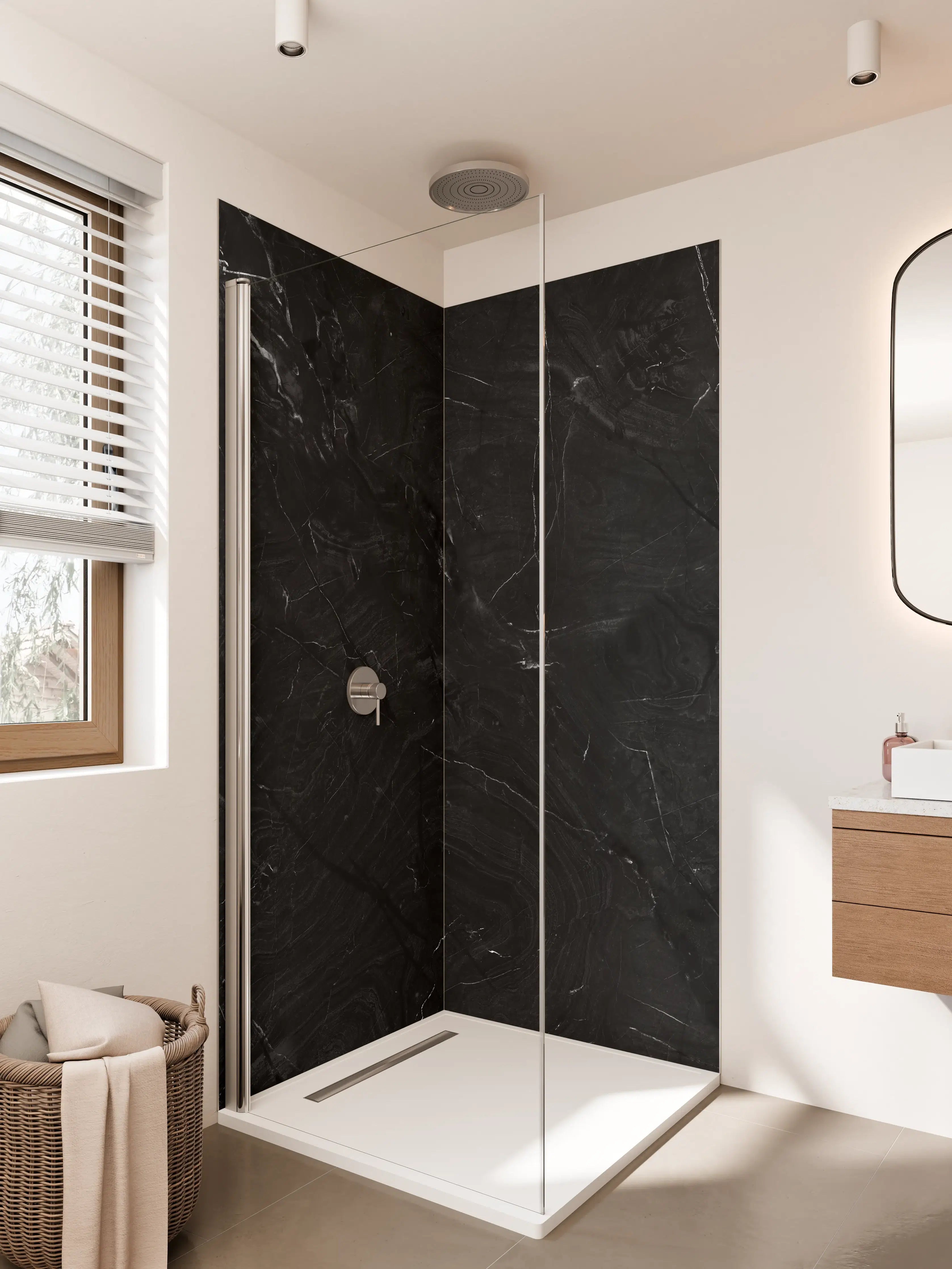 Duschrückwand - Schwarzes Marmor-Design mit Grautönen
