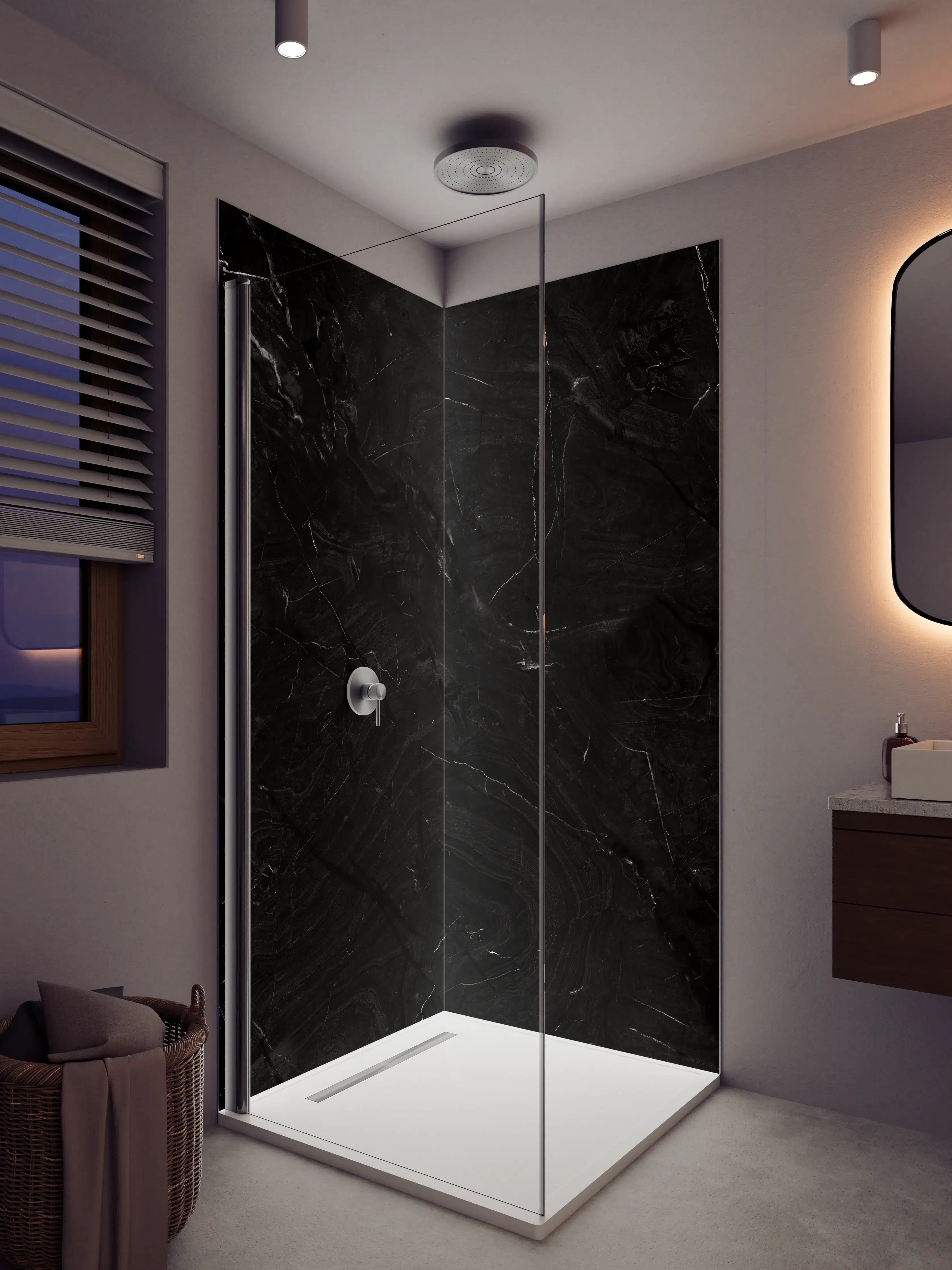 Duschrückwand - Schwarzes Marmor-Design mit Grautönen