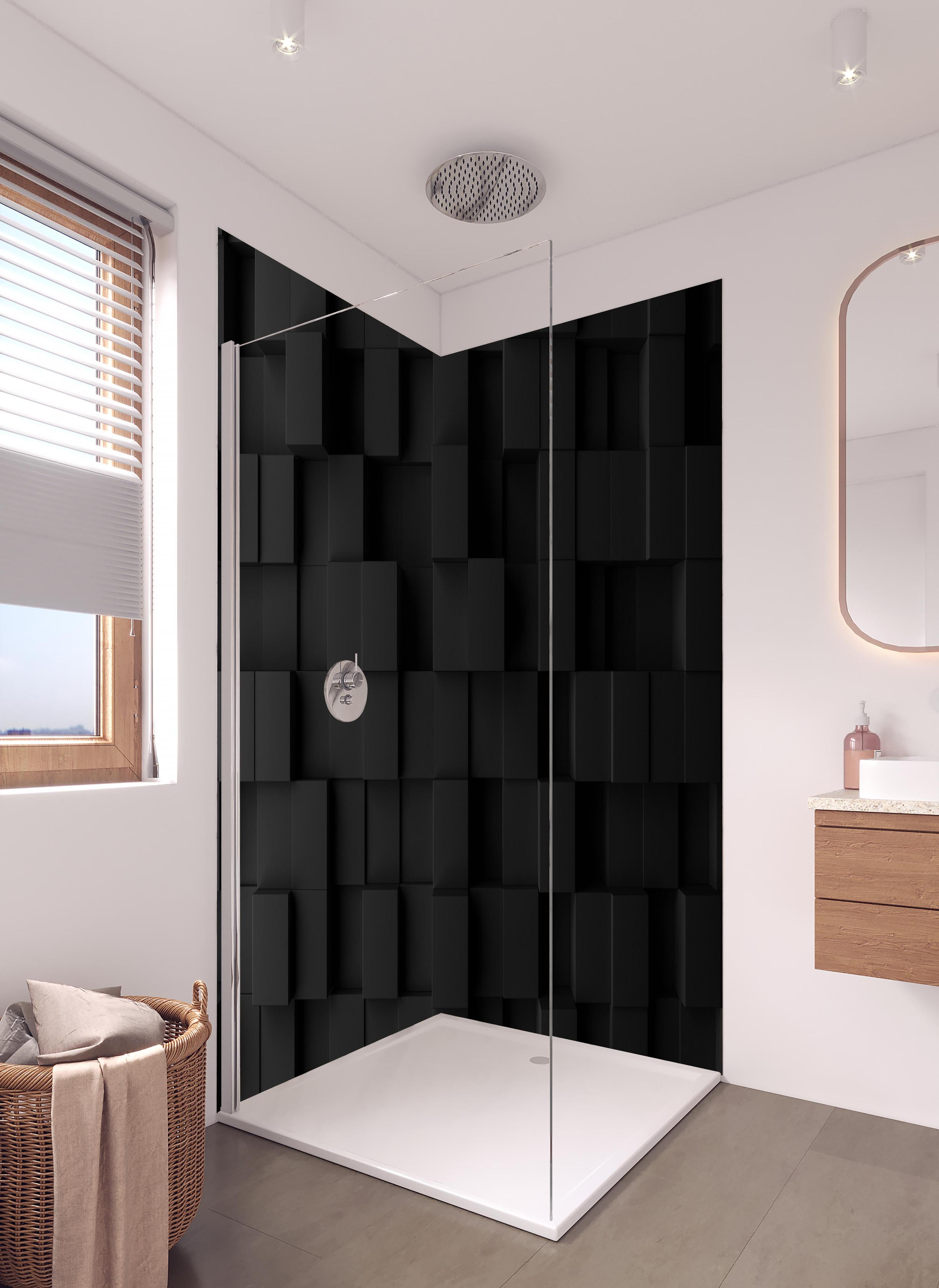 Duschrückwand - Schwarzes Vierecks Muster in hellem Badezimmer mit Regenduschkopf - zweiteilige Eck-Duschrückwand