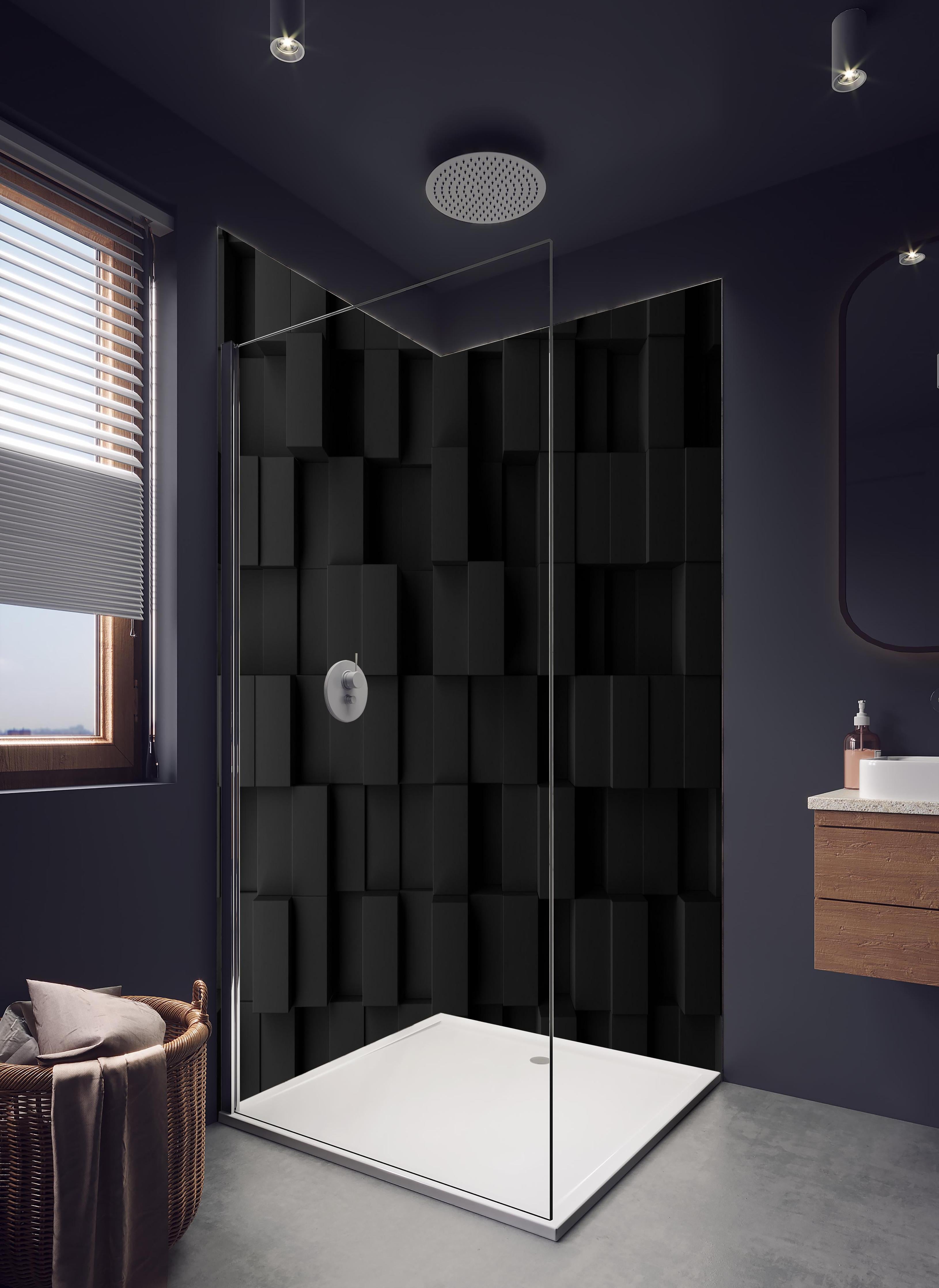Duschrückwand - Schwarzes Vierecks Muster in hellem Badezimmer mit Regenduschkopf - zweiteilige Eck-Duschrückwand