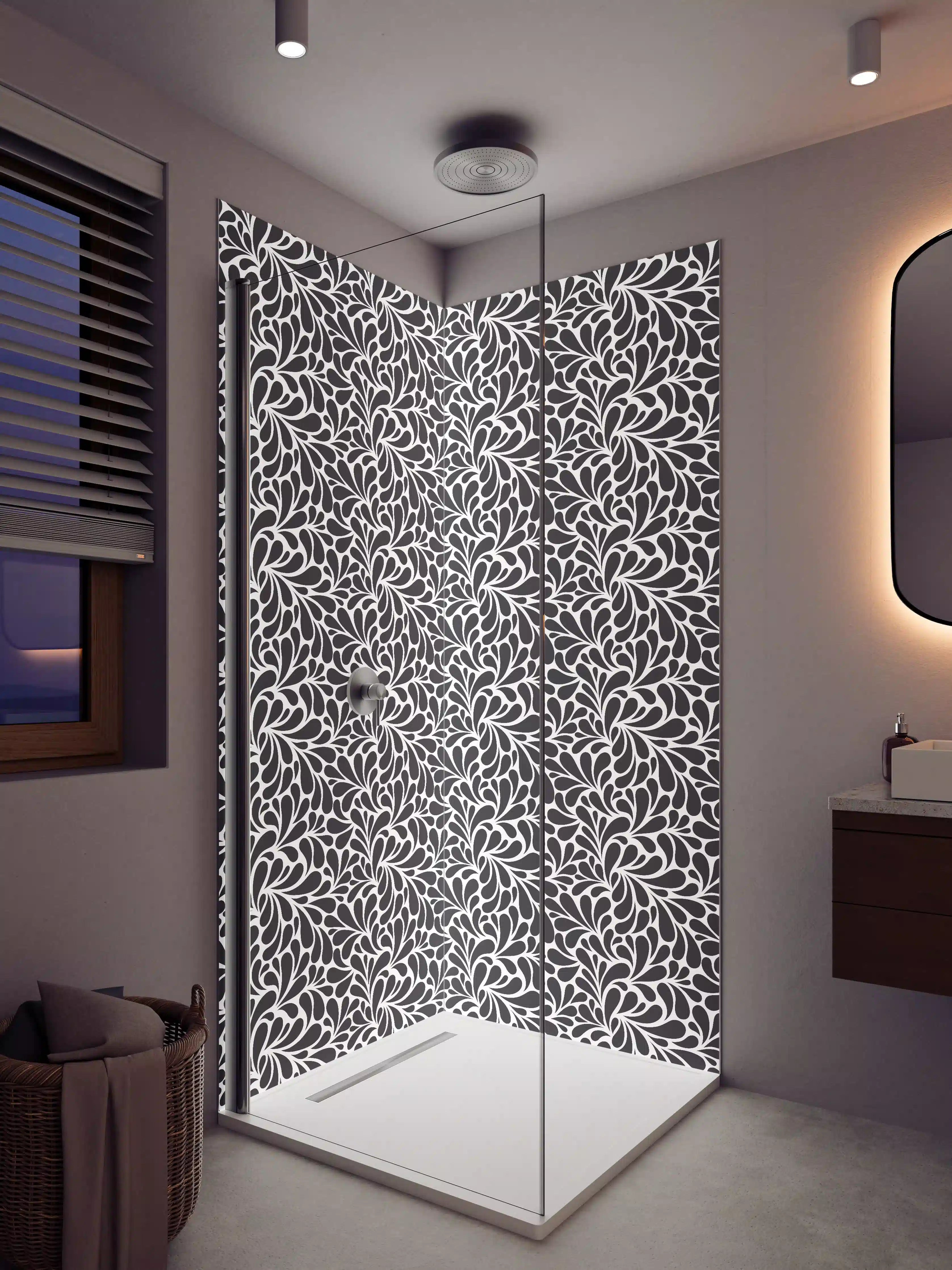Duschrückwand - Schwarzes und weißes floral inspiriertes Muster