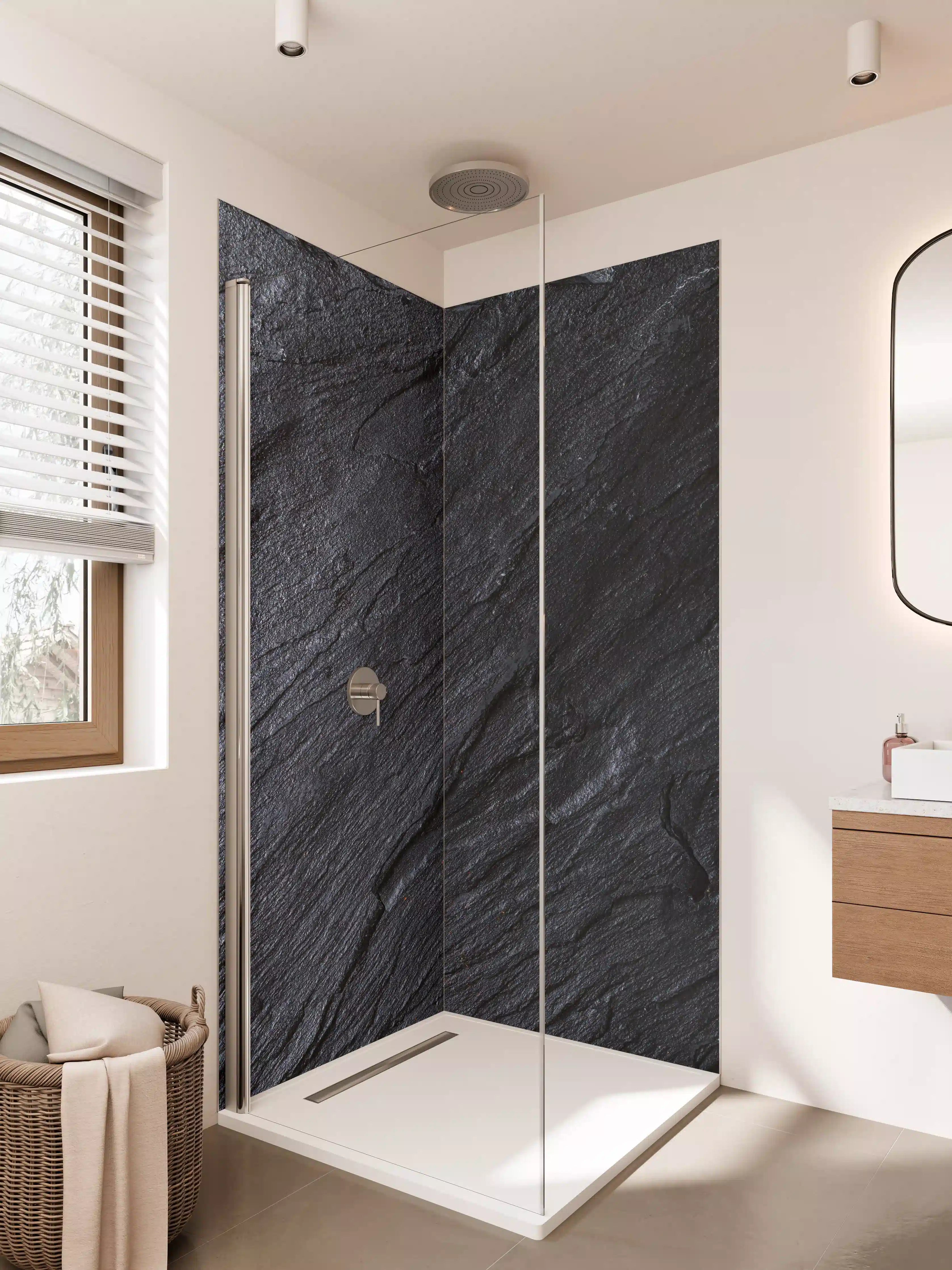 Duschrückwand - Schwarzmetallische Natursteinstruktur