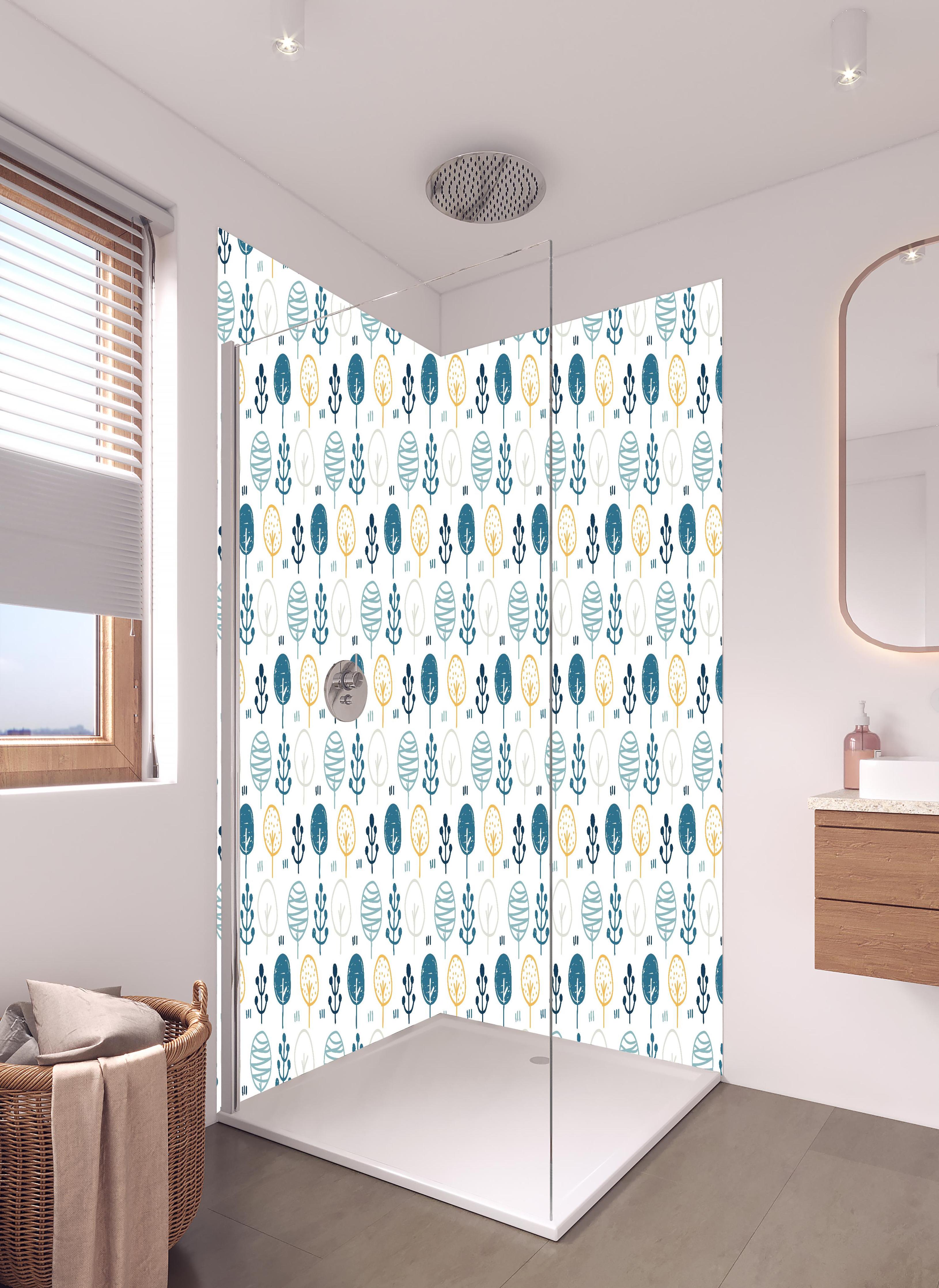 Duschrückwand - Seamless Scandinavian Abstract Pattern Design in hellem Badezimmer mit Regenduschkopf - zweiteilige Eck-Duschrückwand