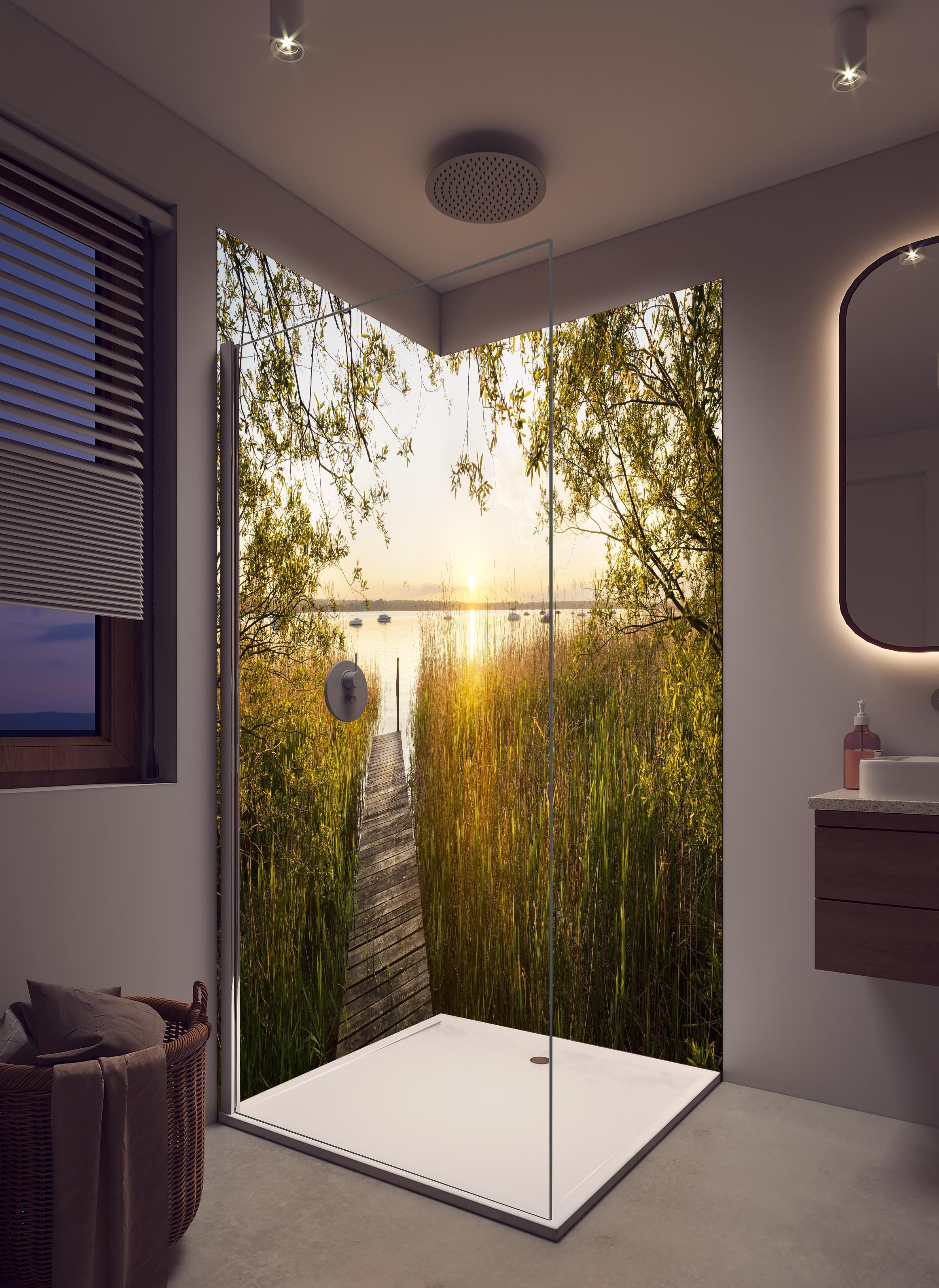 Duschrückwand - See in Bayern bei Sonnenuntergang in hellem Badezimmer mit Regenduschkopf - zweiteilige Eck-Duschrückwand