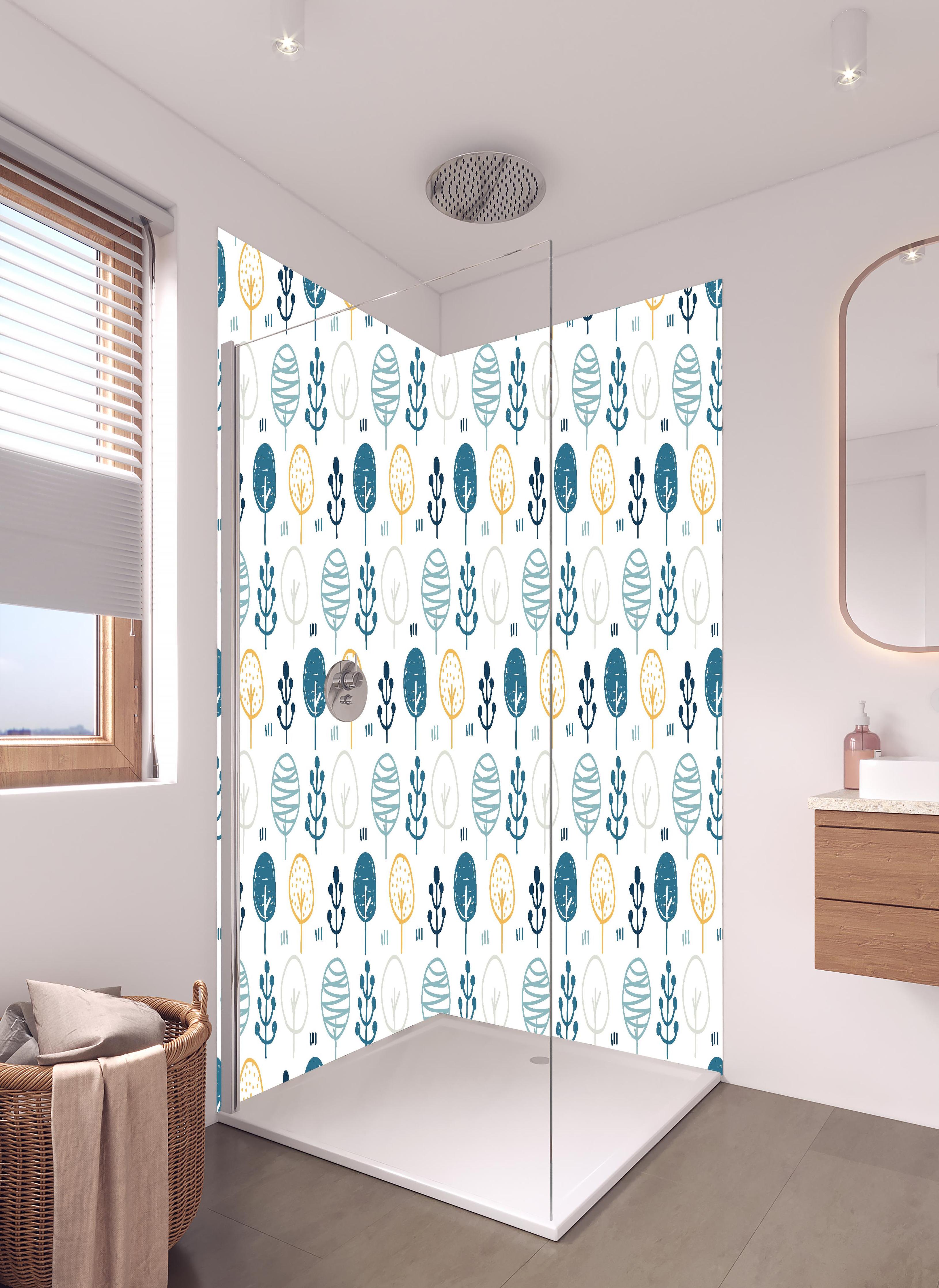 Duschrückwand - Seefahrt Muster in Blau-Gelb und Weiß in hellem Badezimmer mit Regenduschkopf - zweiteilige Eck-Duschrückwand