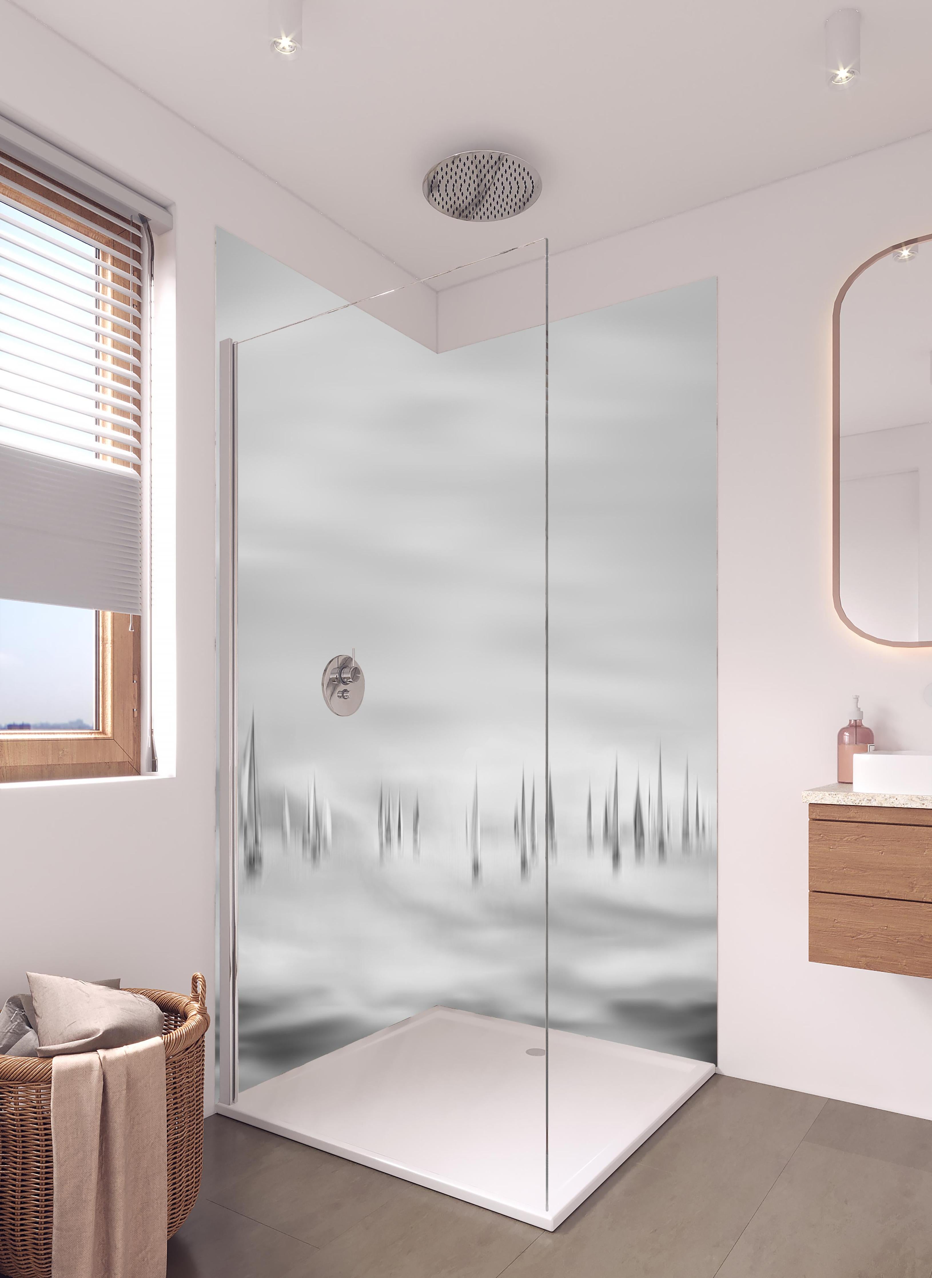 Duschrückwand - Segelboote am Meer - Unscharf in hellem Badezimmer mit Regenduschkopf - zweiteilige Eck-Duschrückwand