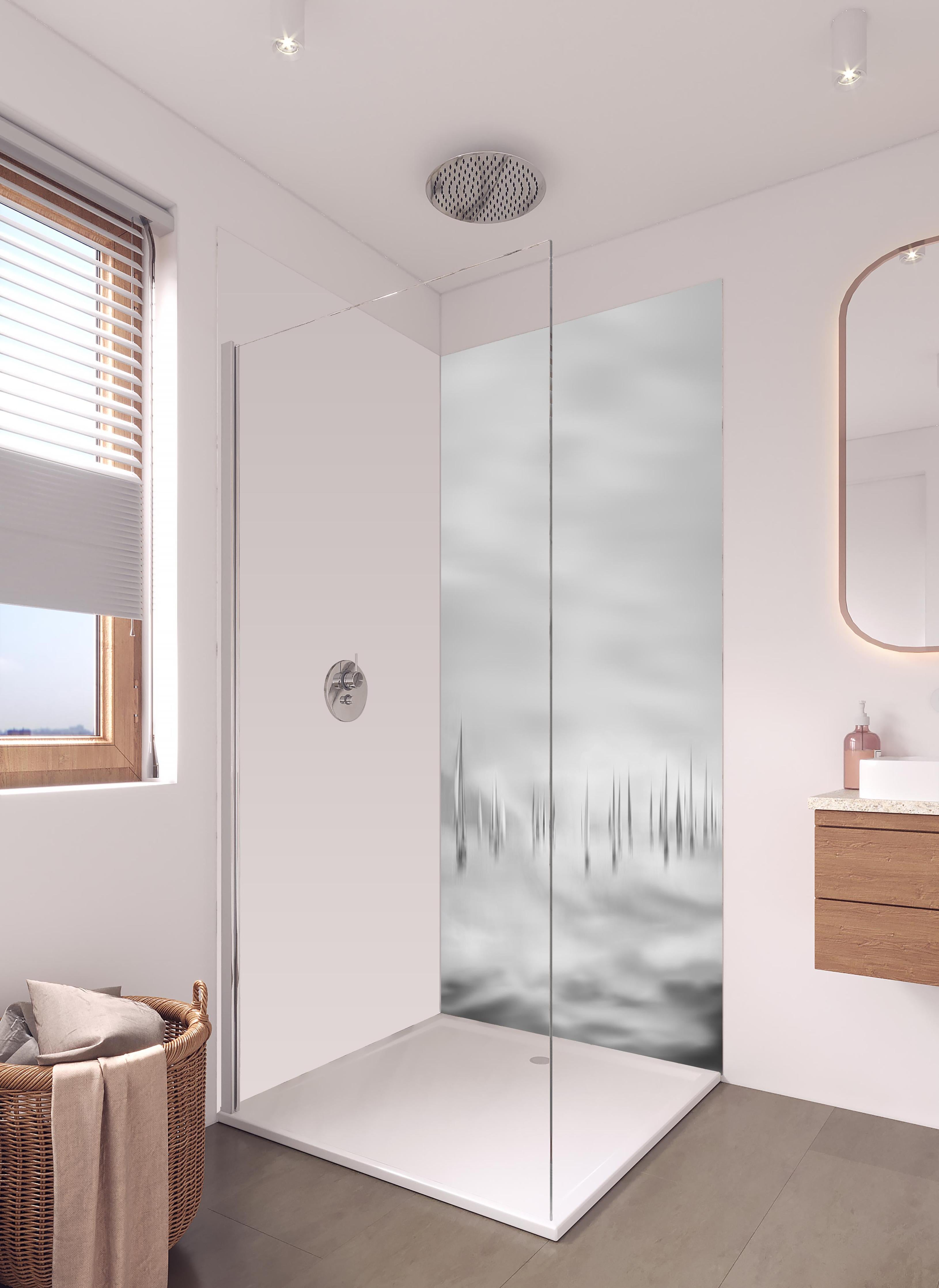 Duschrückwand - Segelboote am Meer - Unscharf in hellem Badezimmer mit Regenduschkopf - zweiteilige Eck-Duschrückwand