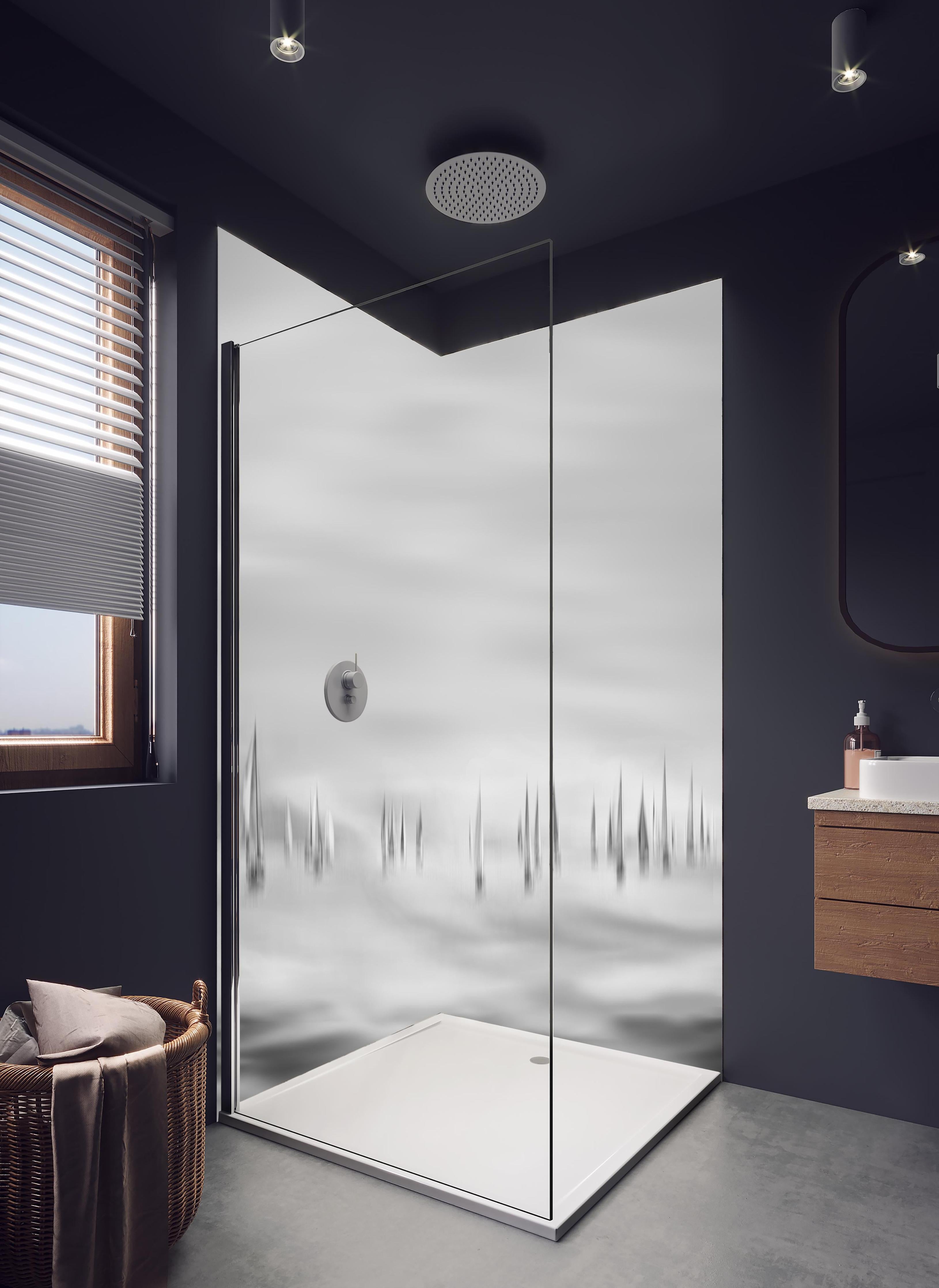 Duschrückwand - Segelboote am Meer - Unscharf in hellem Badezimmer mit Regenduschkopf - zweiteilige Eck-Duschrückwand