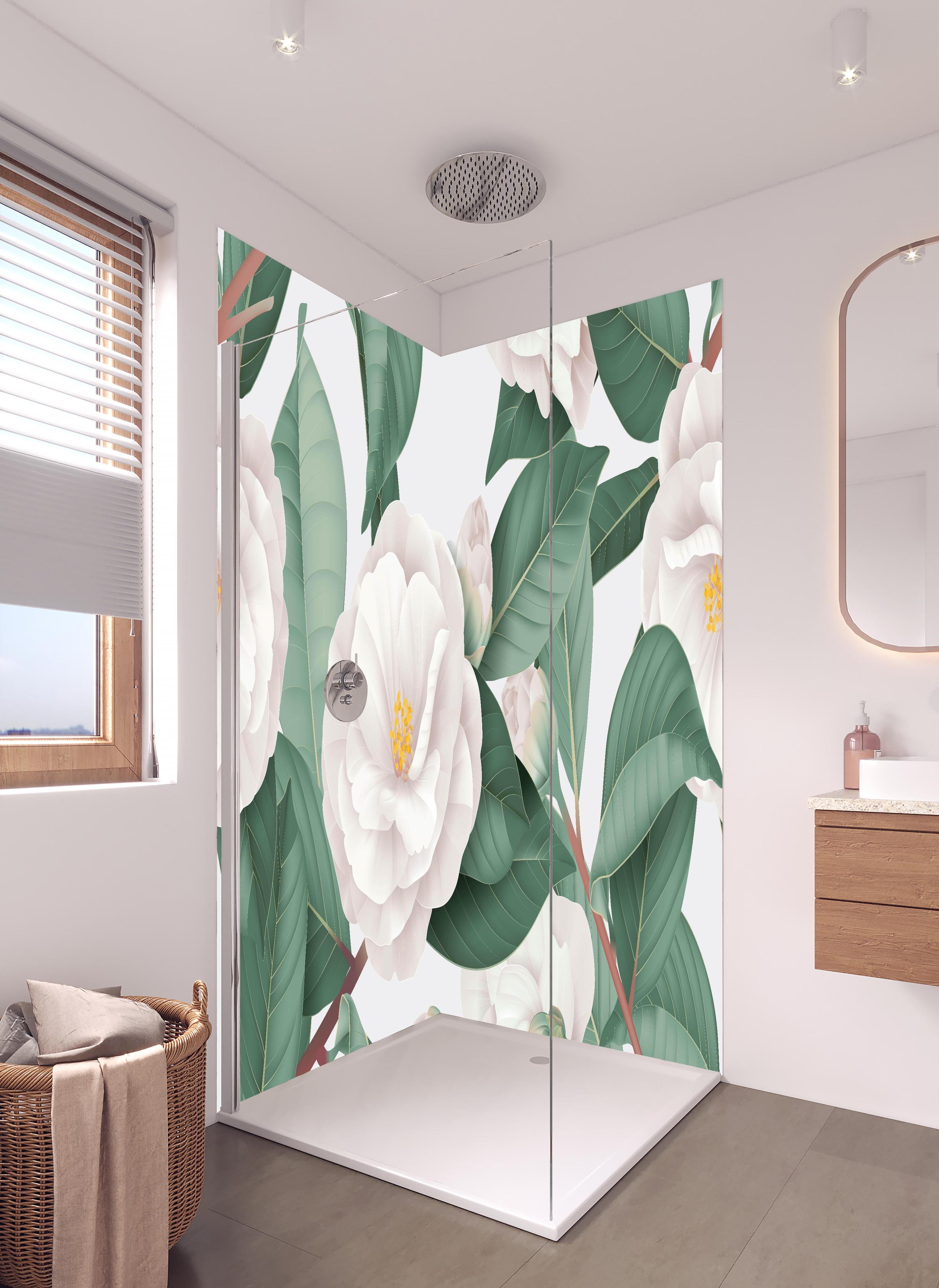 Duschrückwand - Semi-Double Camellia Floral Weiß-Grau in hellem Badezimmer mit Regenduschkopf - zweiteilige Eck-Duschrückwand