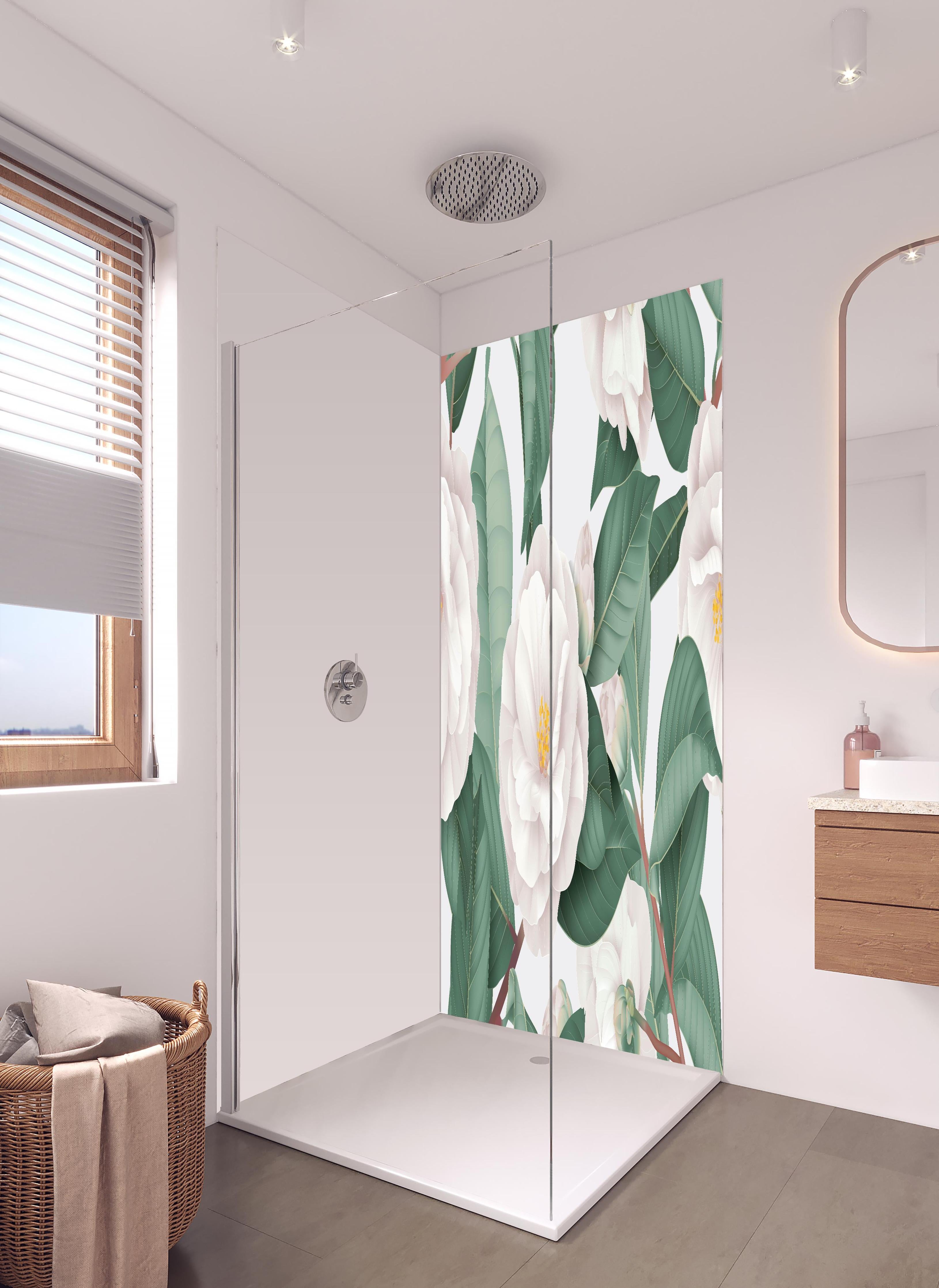 Duschrückwand - Semi-Double Camellia Floral Weiß-Grau in hellem Badezimmer mit Regenduschkopf - zweiteilige Eck-Duschrückwand