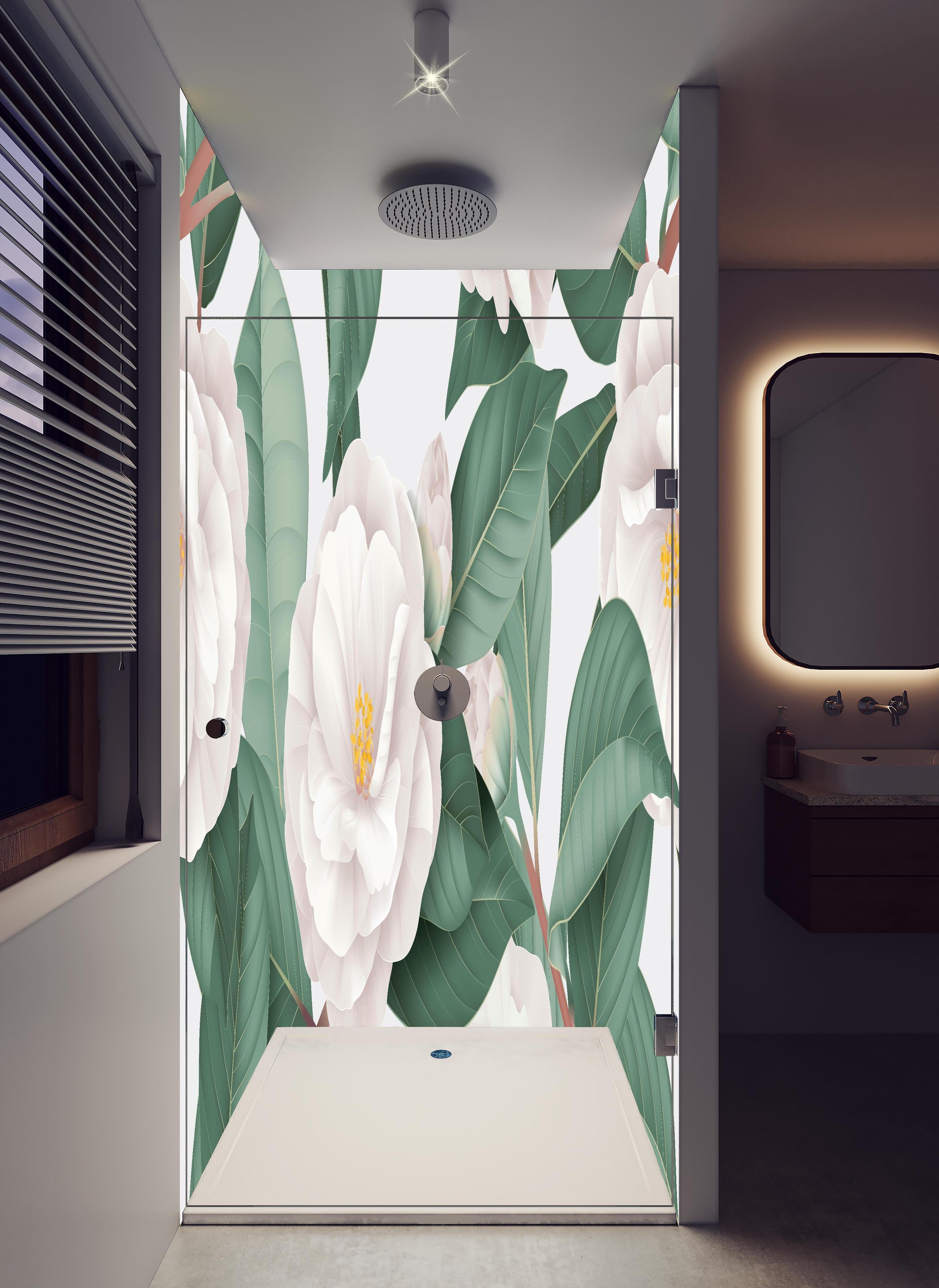 Duschrückwand - Semi-Double Camellia Floral Weiß-Grau in hellem Badezimmer mit Regenduschkopf - zweiteilige Eck-Duschrückwand