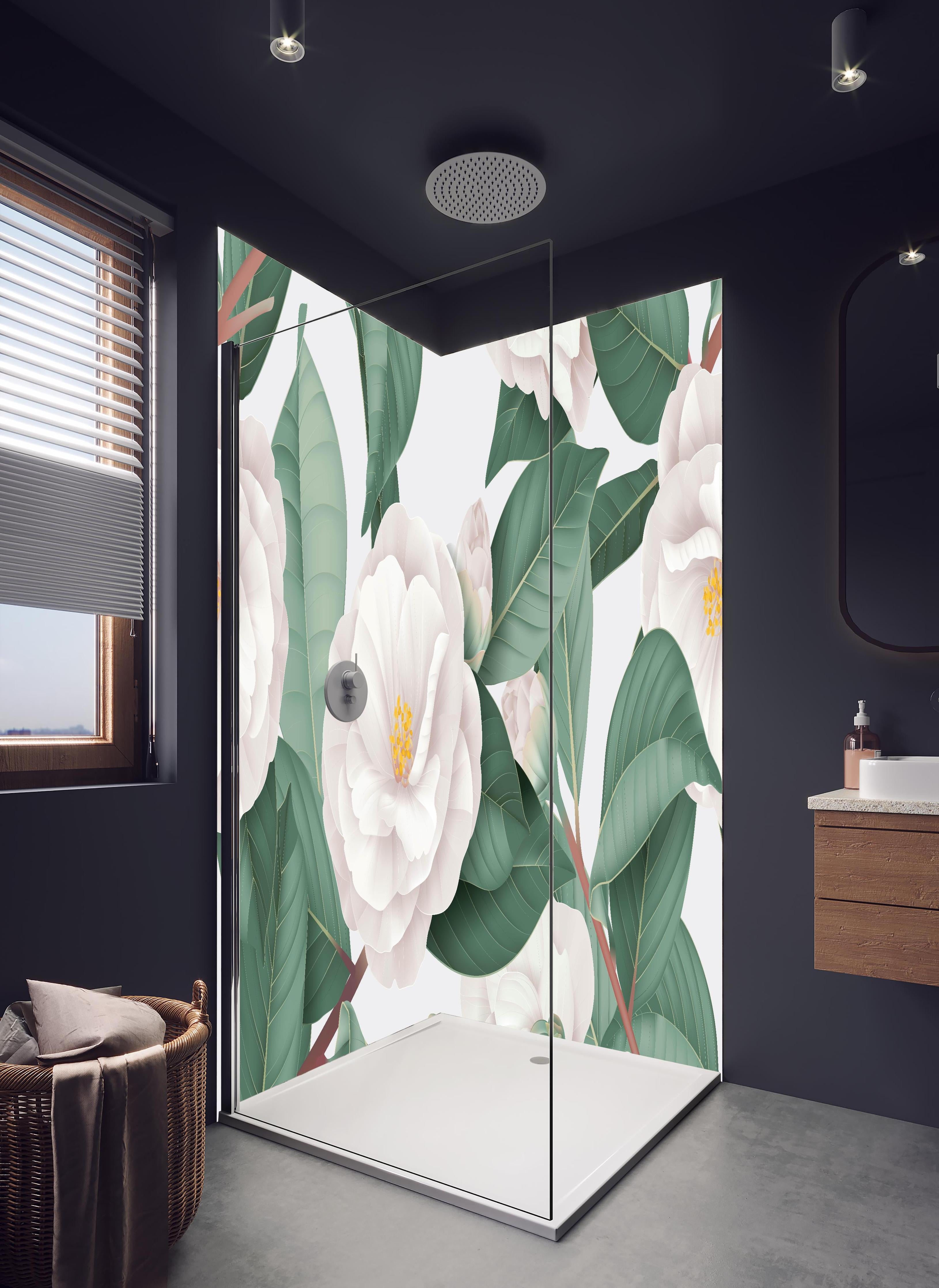 Duschrückwand - Semi-Double Camellia Floral Weiß-Grau in hellem Badezimmer mit Regenduschkopf - zweiteilige Eck-Duschrückwand
