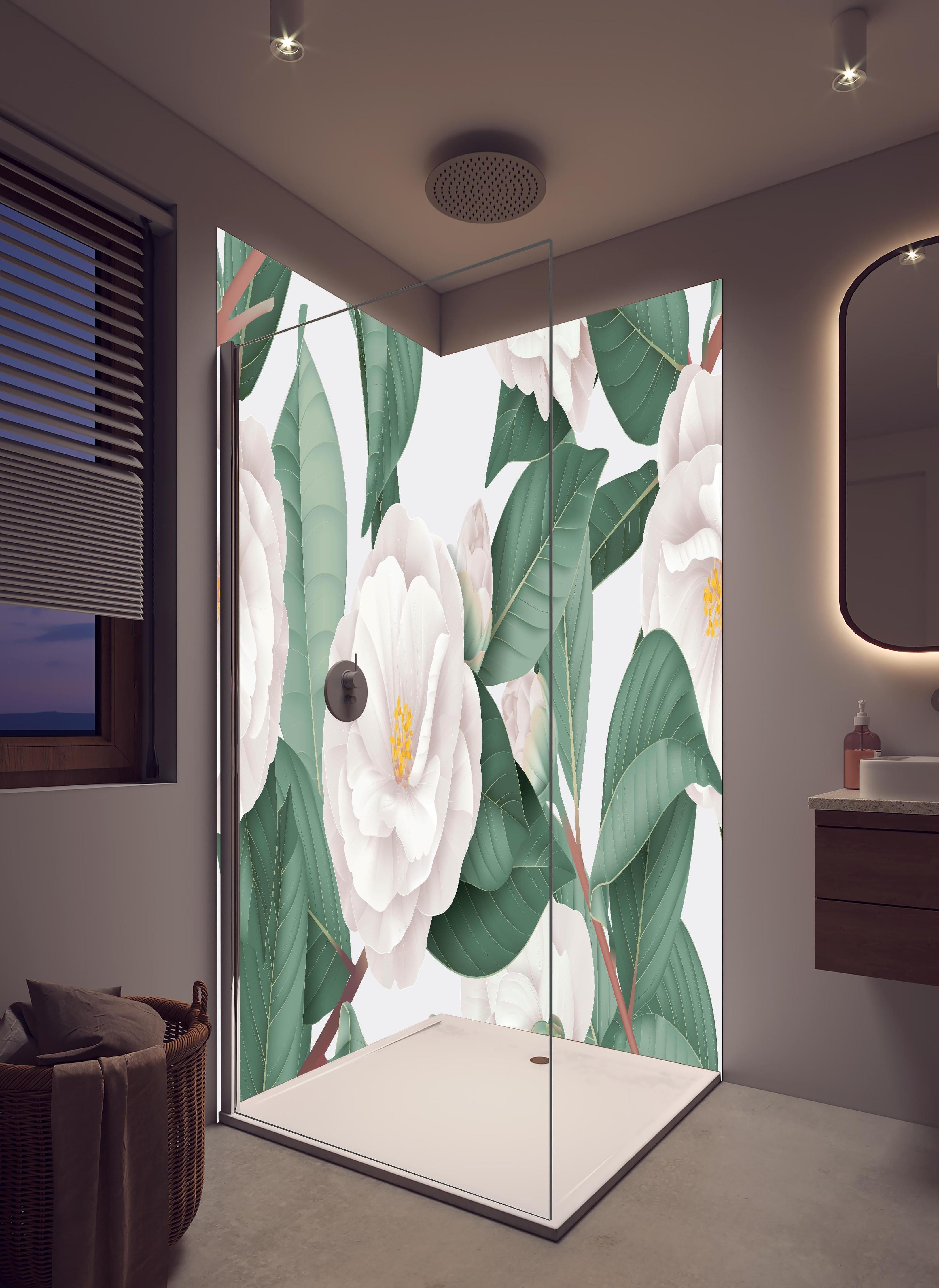 Duschrückwand - Semi-Double Camellia Floral Weiß-Grau in hellem Badezimmer mit Regenduschkopf - zweiteilige Eck-Duschrückwand
