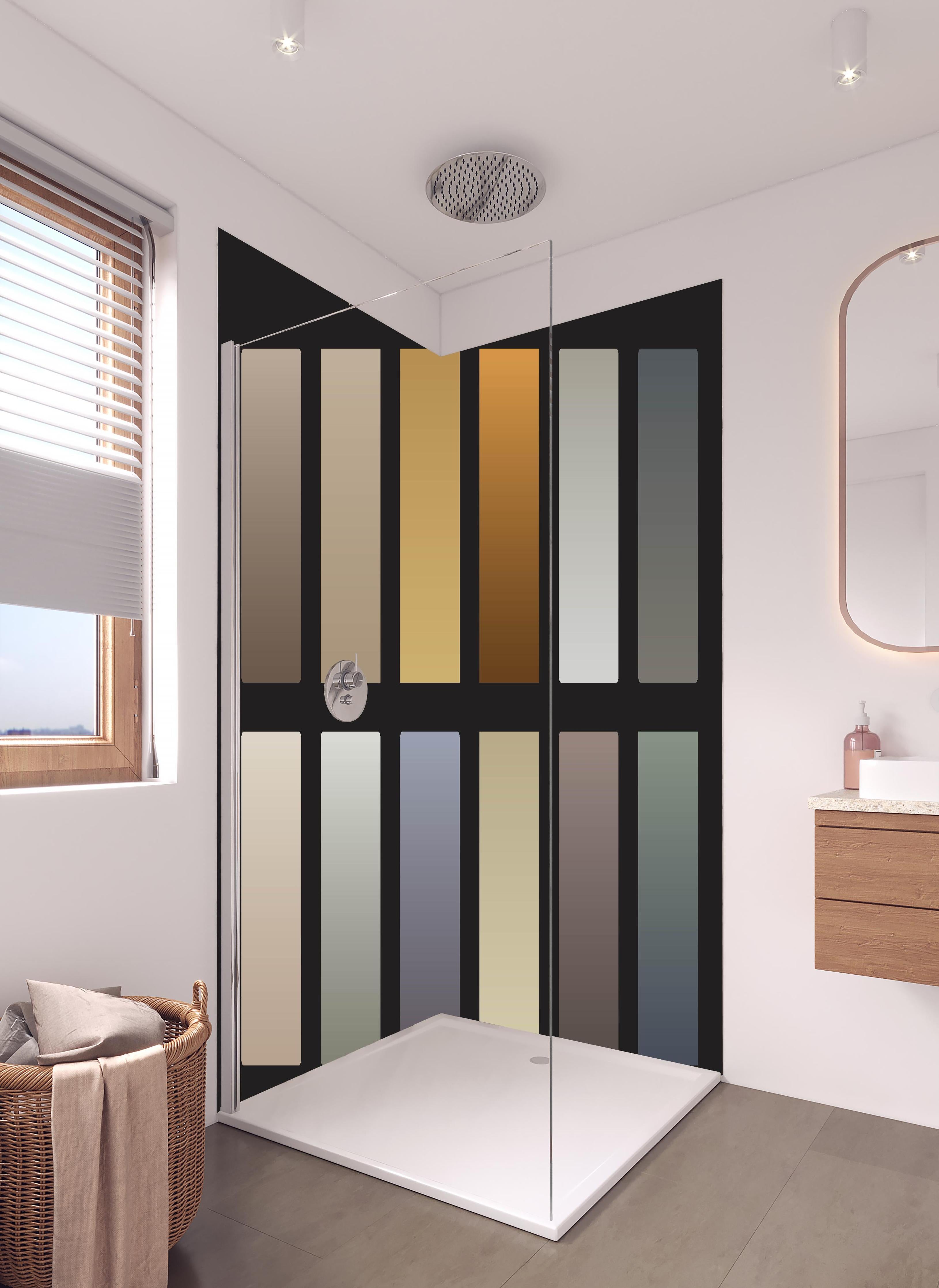 Duschrückwand - Set von sanften Vektor-Farbverläufen in hellem Badezimmer mit Regenduschkopf - zweiteilige Eck-Duschrückwand