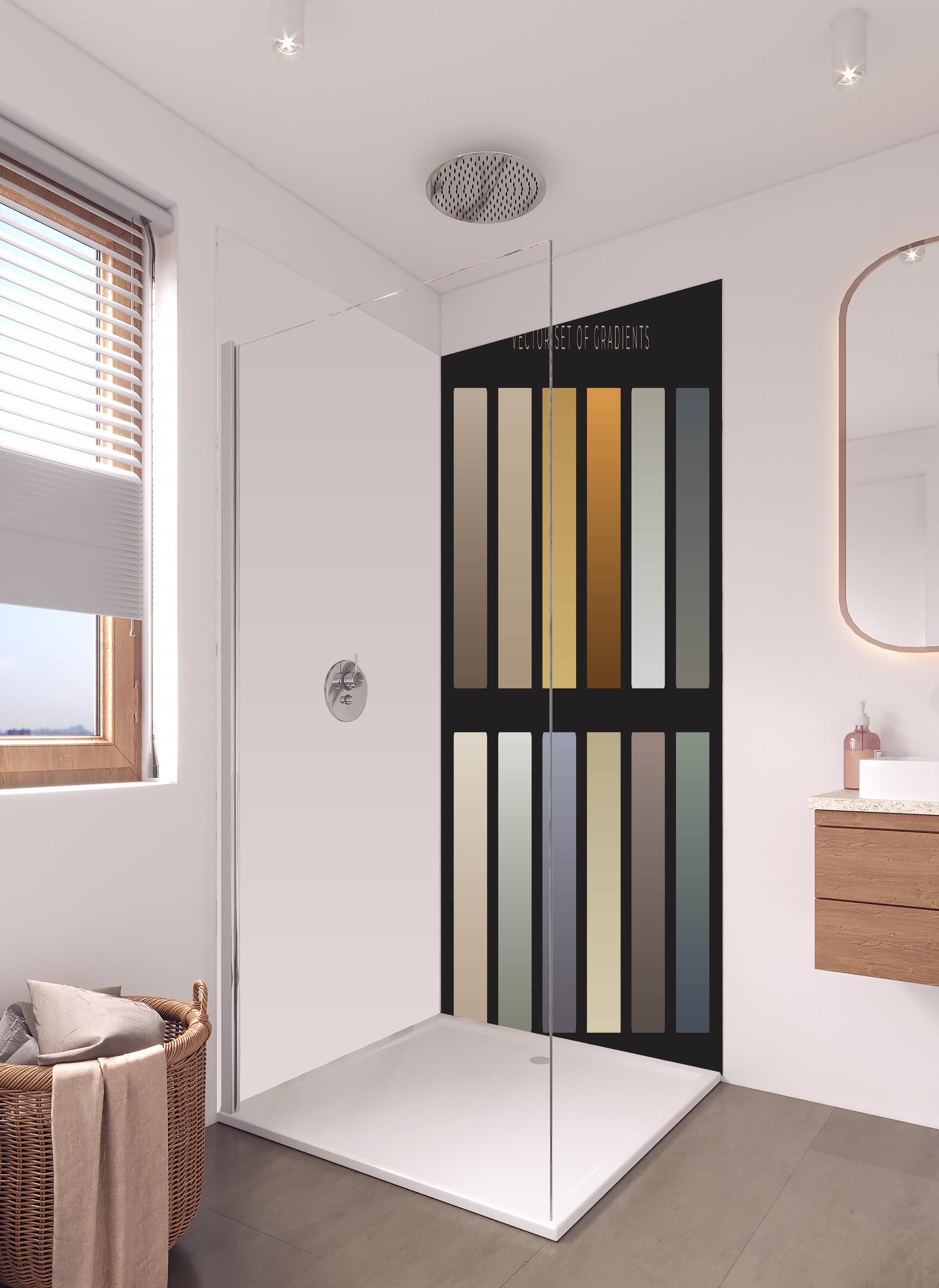 Duschrückwand - Set von sanften Vektor-Farbverläufen in hellem Badezimmer mit Regenduschkopf - zweiteilige Eck-Duschrückwand