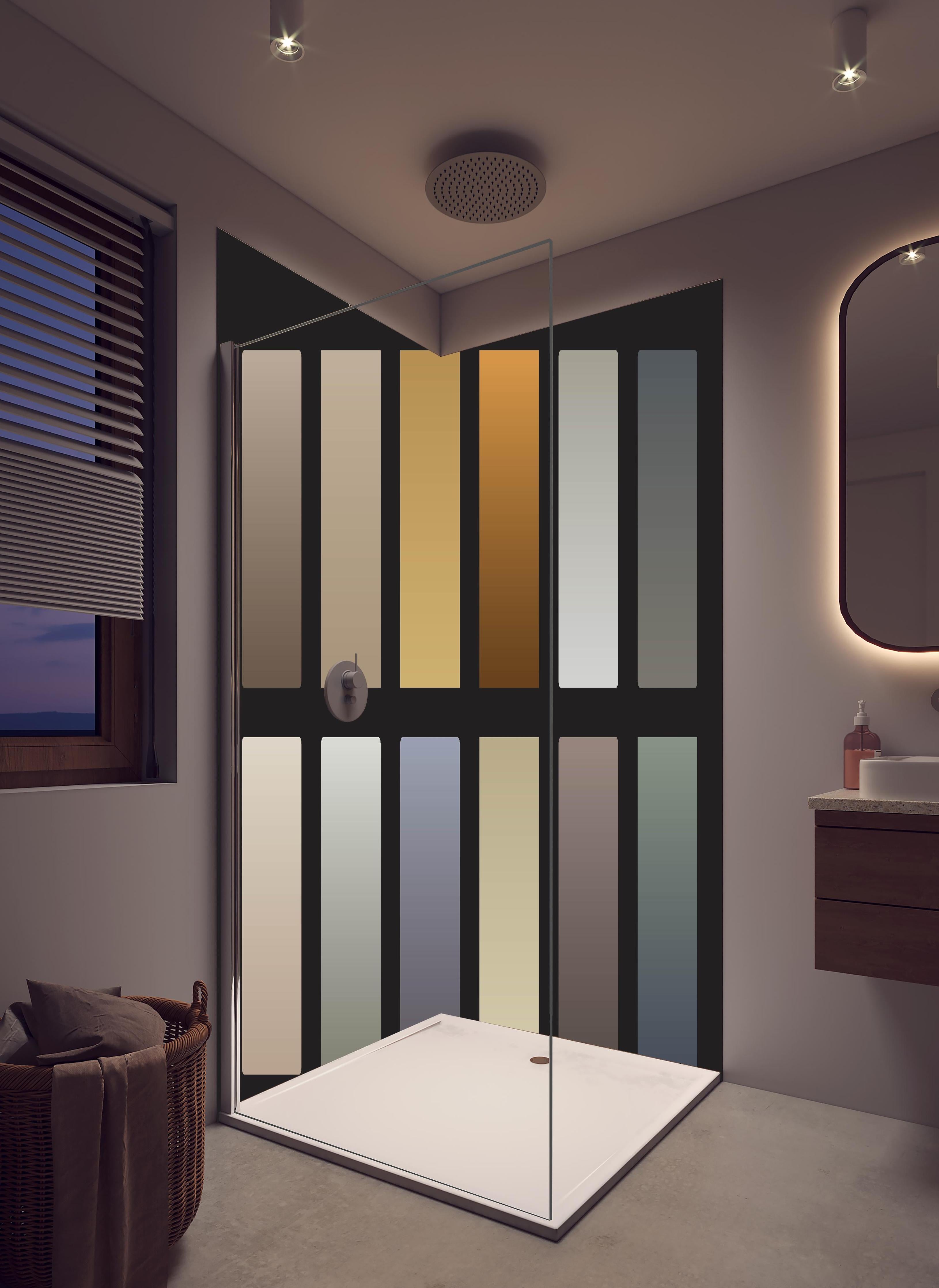 Duschrückwand - Set von sanften Vektor-Farbverläufen in hellem Badezimmer mit Regenduschkopf - zweiteilige Eck-Duschrückwand