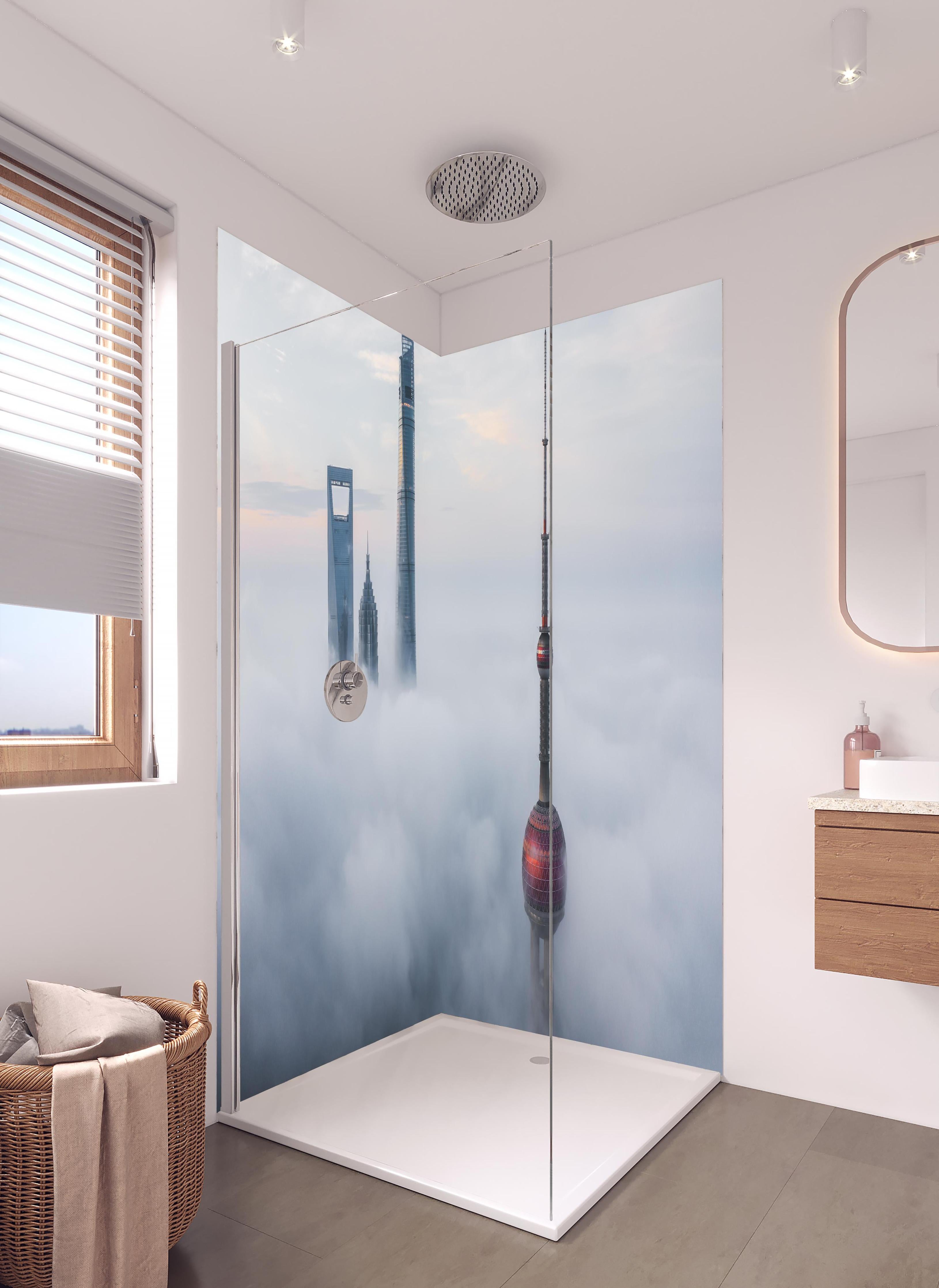 Duschrückwand - Shanghai über den Wolken in hellem Badezimmer mit Regenduschkopf - zweiteilige Eck-Duschrückwand
