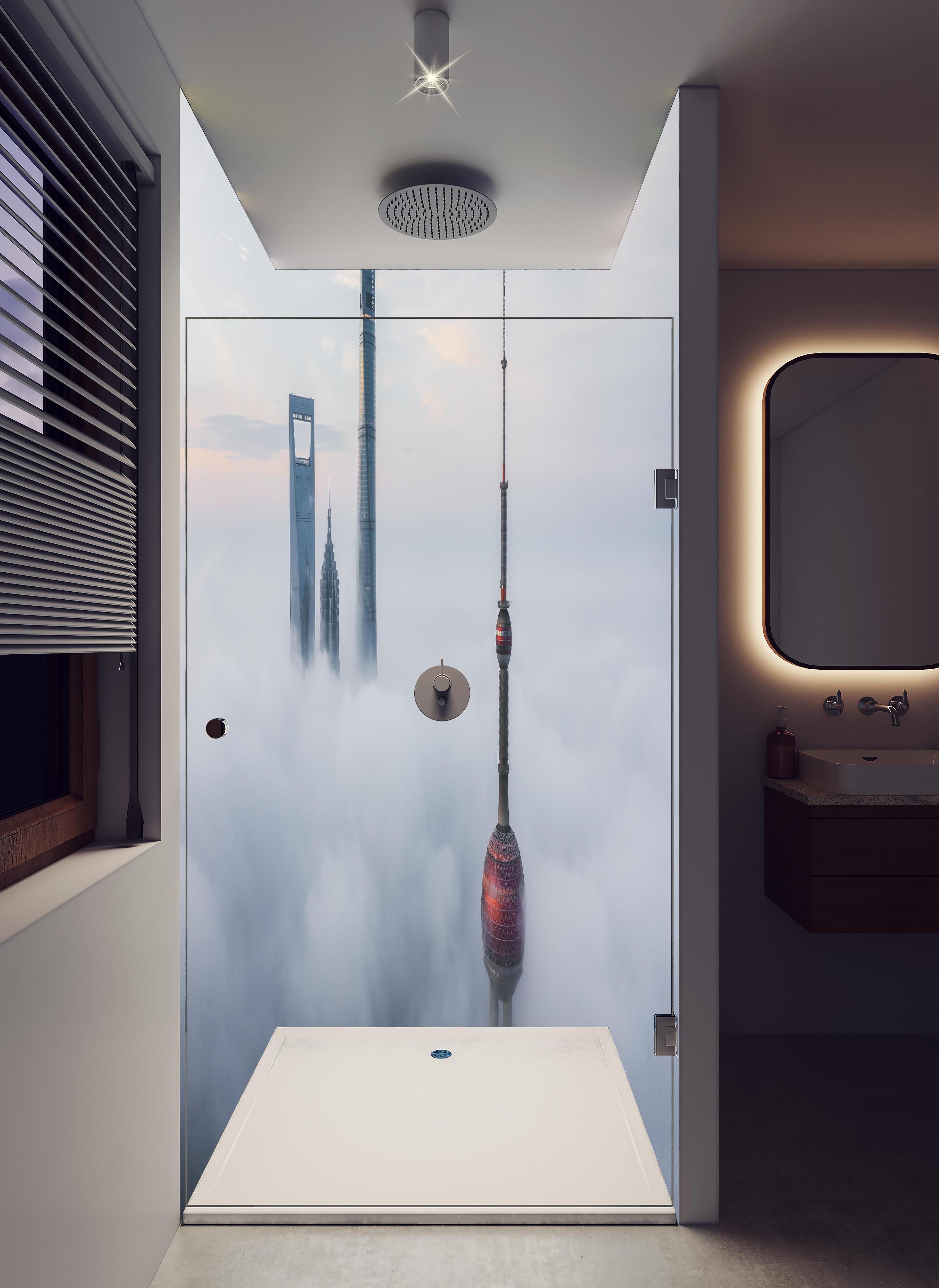 Duschrückwand - Shanghai über den Wolken in hellem Badezimmer mit Regenduschkopf - zweiteilige Eck-Duschrückwand