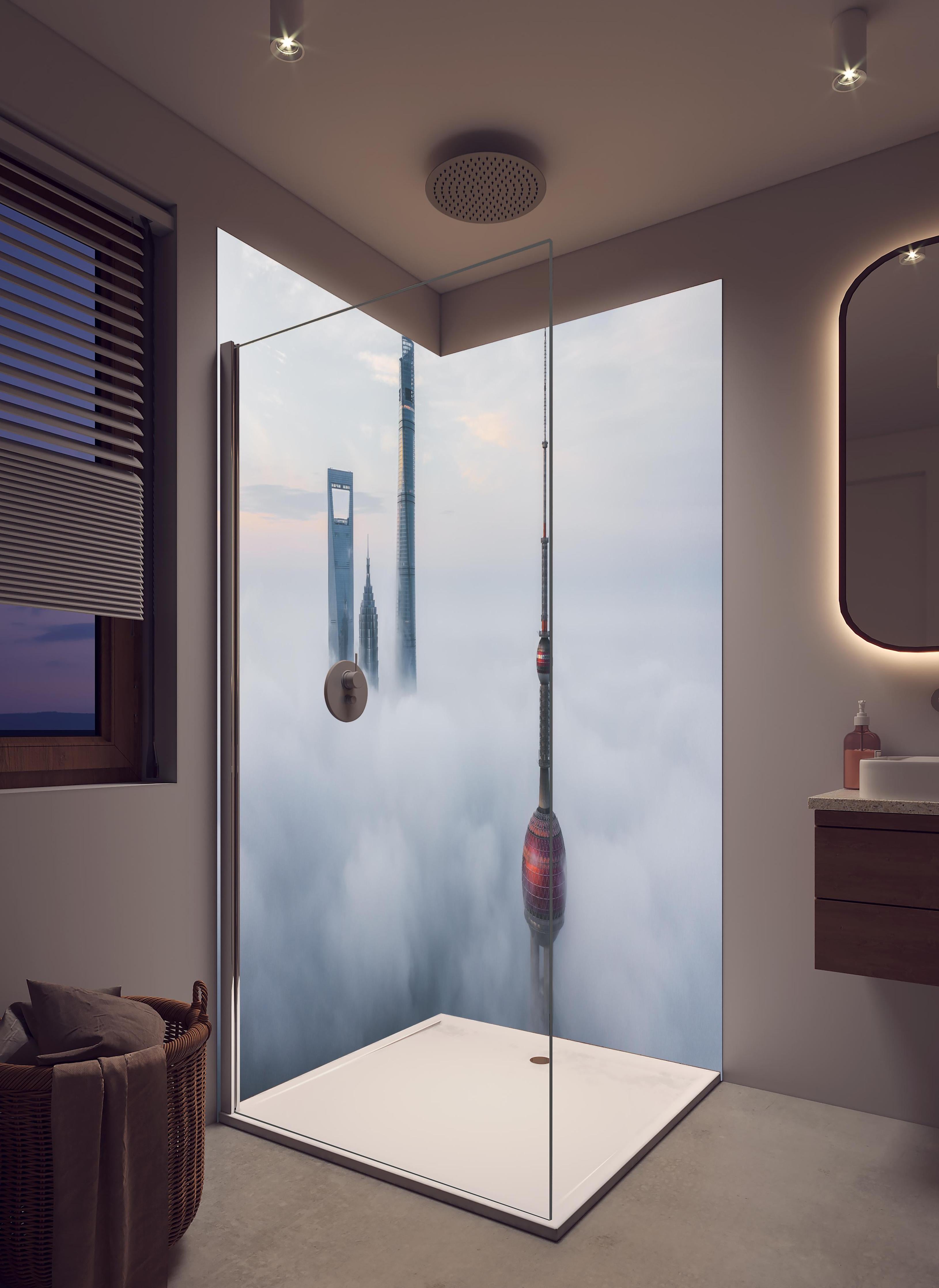 Duschrückwand - Shanghai über den Wolken in hellem Badezimmer mit Regenduschkopf - zweiteilige Eck-Duschrückwand