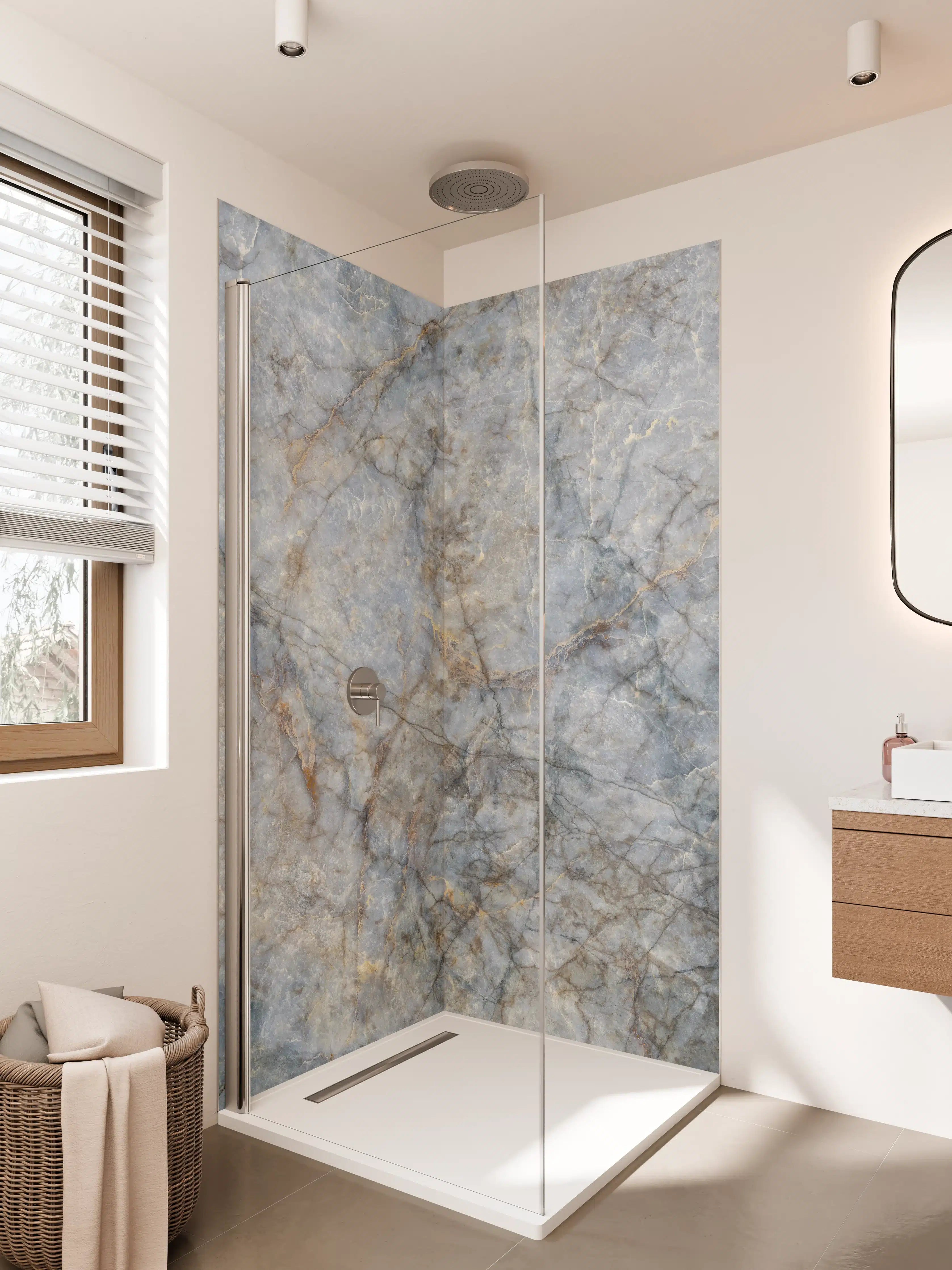 Duschrückwand - Silbergrau mit goldenen Highlights