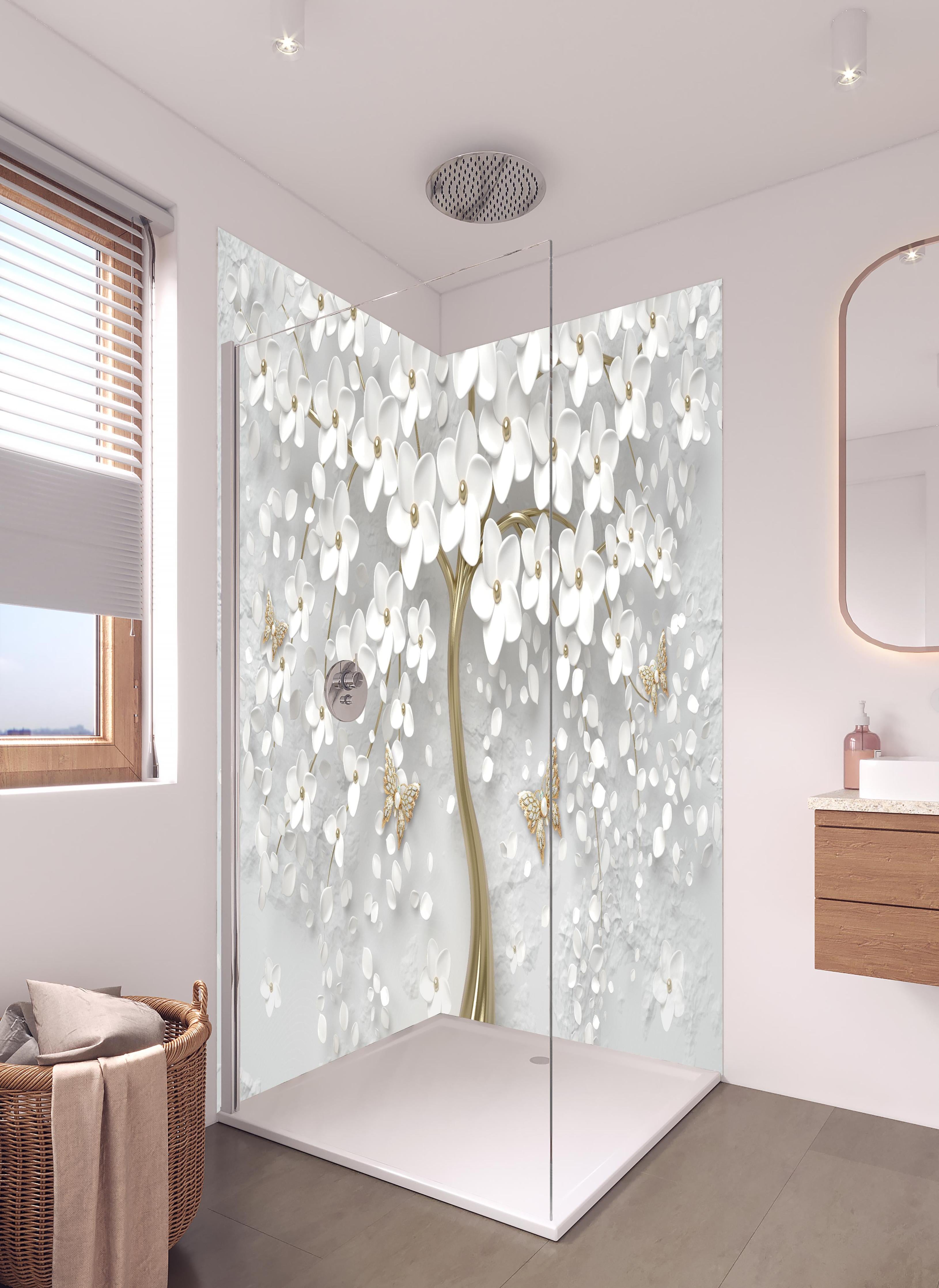 Duschrückwand - Silberner Baum - Floral in hellem Badezimmer mit Regenduschkopf - zweiteilige Eck-Duschrückwand