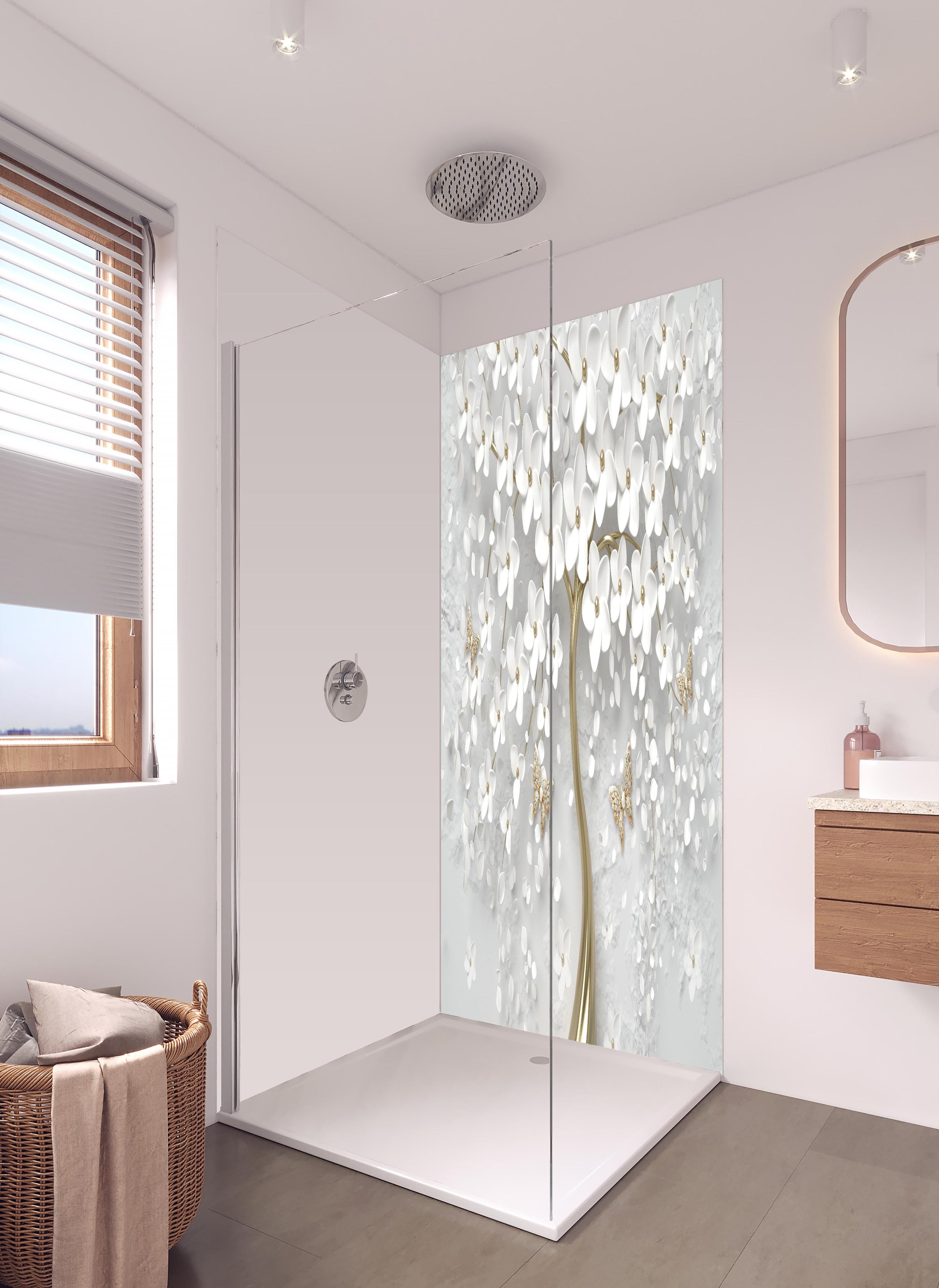 Duschrückwand - Silberner Baum - Floral in hellem Badezimmer mit Regenduschkopf - zweiteilige Eck-Duschrückwand