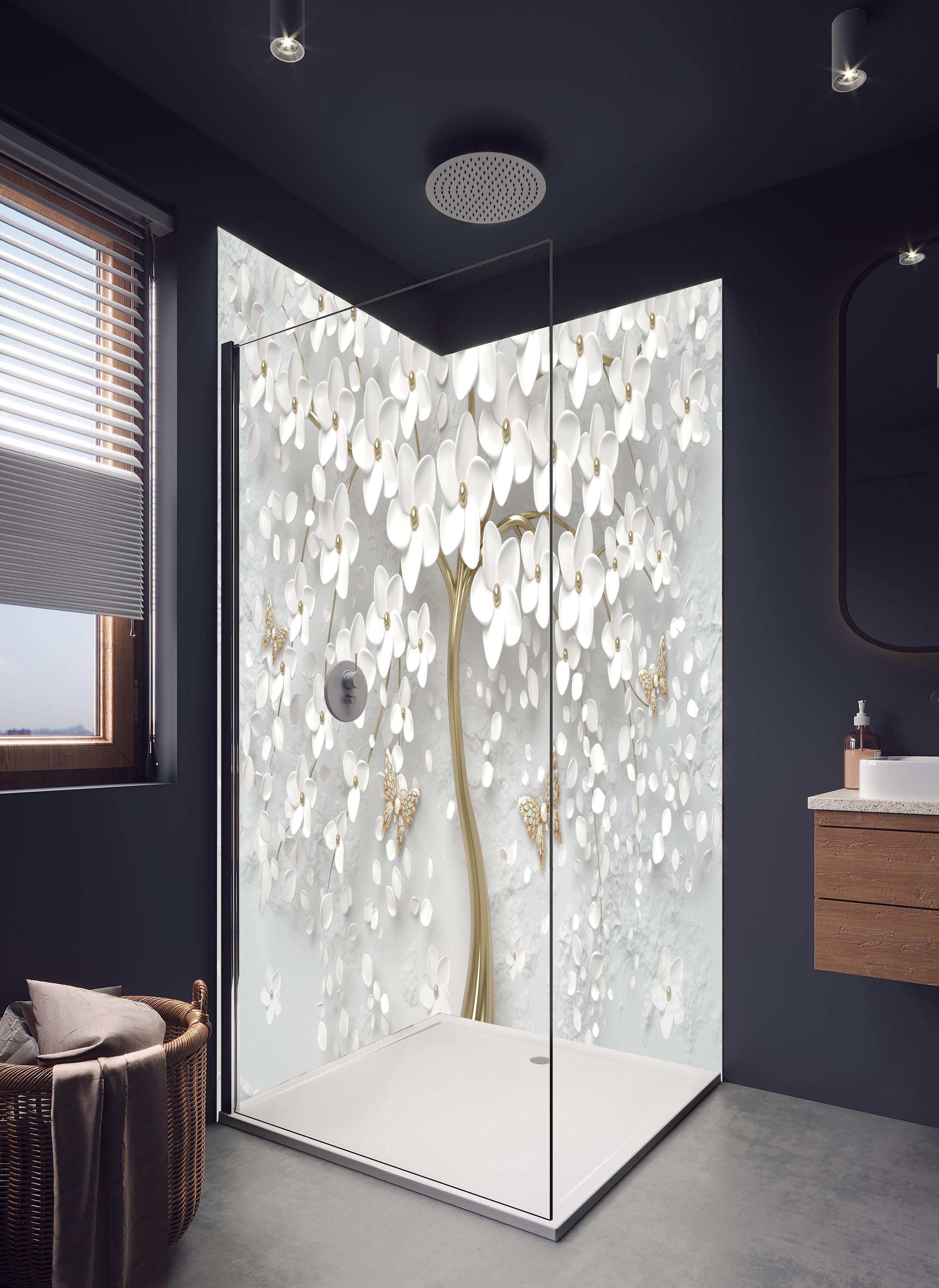 Duschrückwand - Silberner Baum - Floral in hellem Badezimmer mit Regenduschkopf - zweiteilige Eck-Duschrückwand