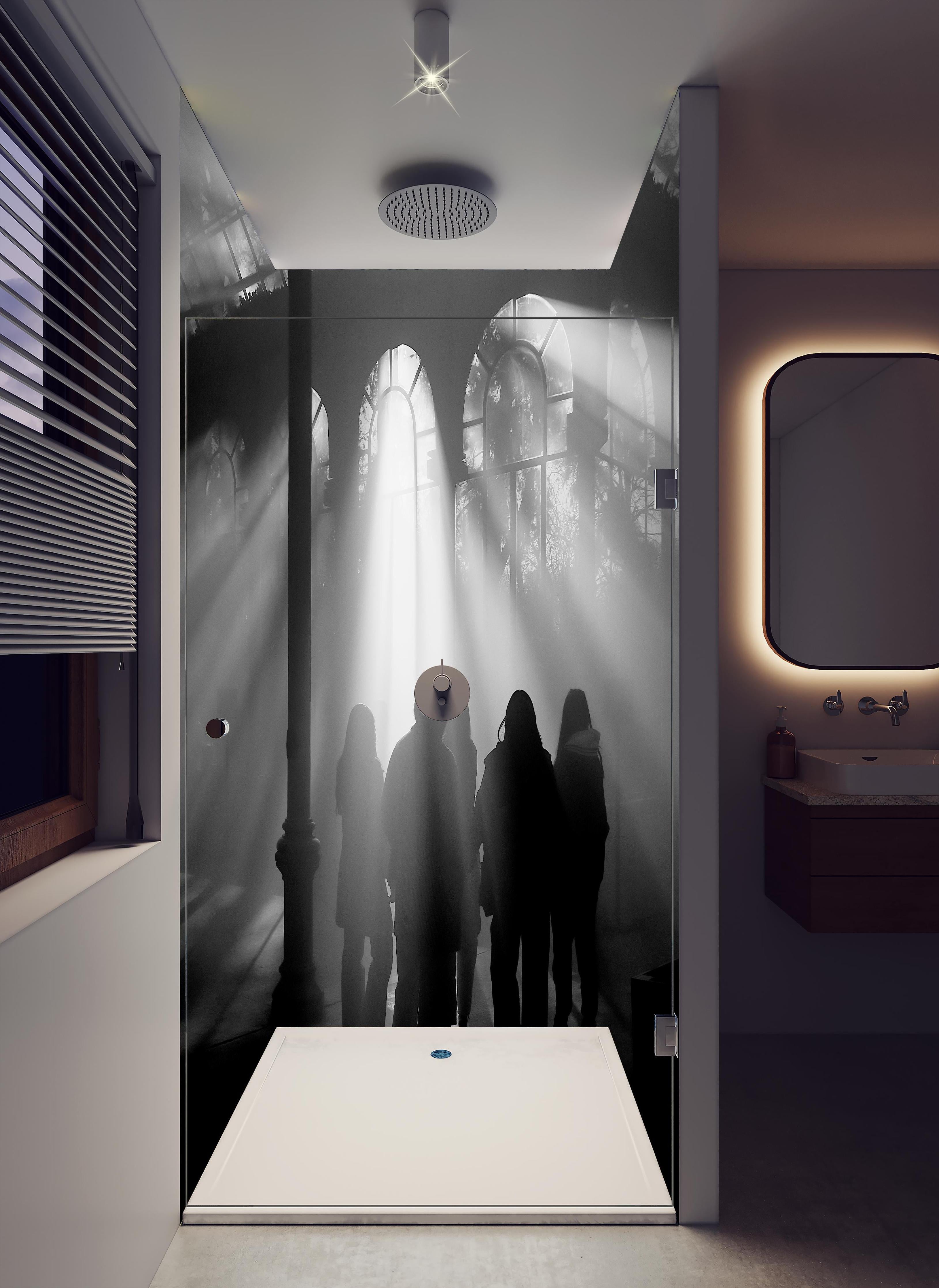Duschrückwand - Silhouetten von Menschen in hellem Badezimmer mit Regenduschkopf - zweiteilige Eck-Duschrückwand