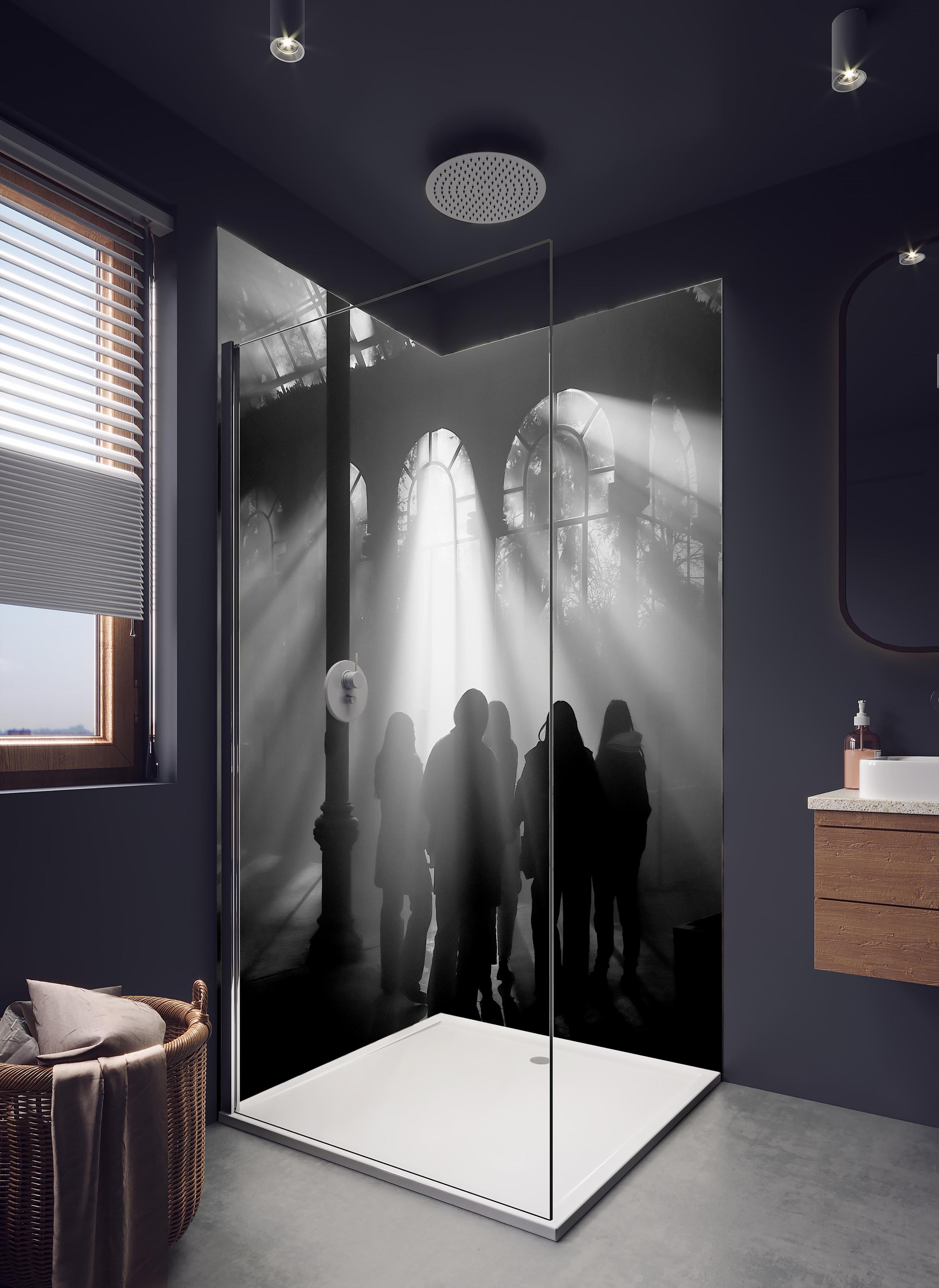 Duschrückwand - Silhouetten von Menschen in hellem Badezimmer mit Regenduschkopf - zweiteilige Eck-Duschrückwand