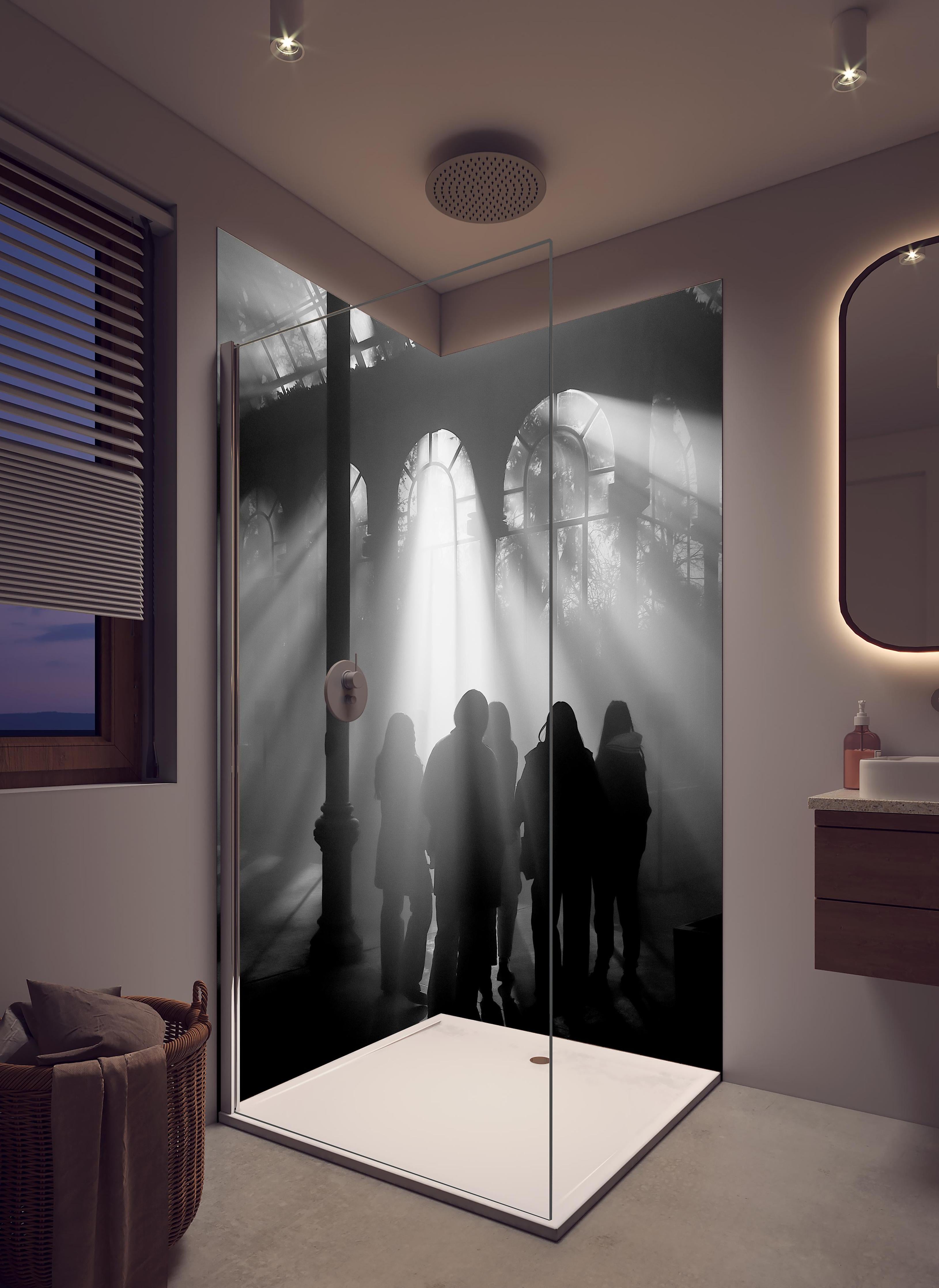 Duschrückwand - Silhouetten von Menschen in hellem Badezimmer mit Regenduschkopf - zweiteilige Eck-Duschrückwand