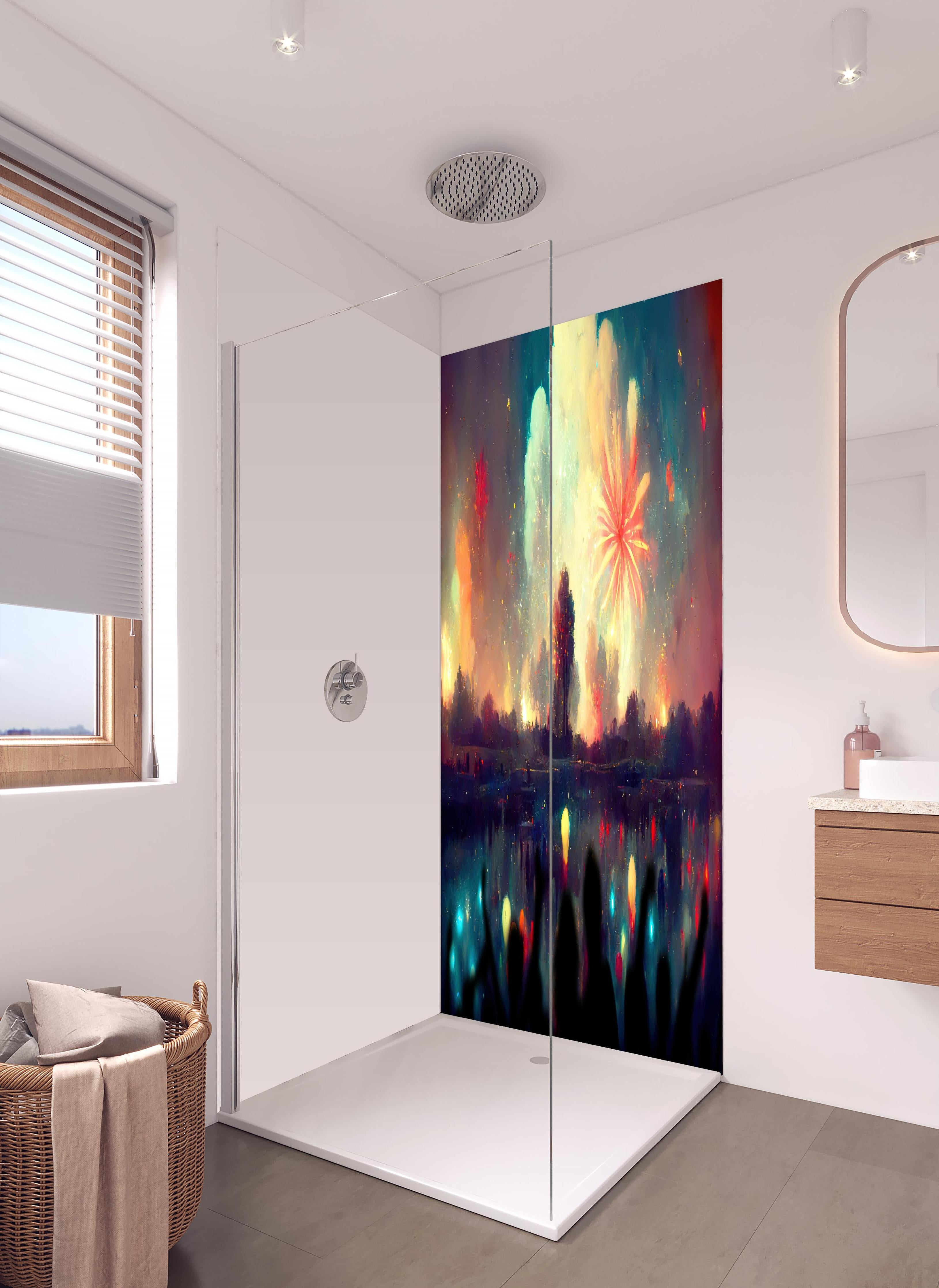 Duschrückwand - Silvesternacht - Illustration in hellem Badezimmer mit Regenduschkopf - zweiteilige Eck-Duschrückwand